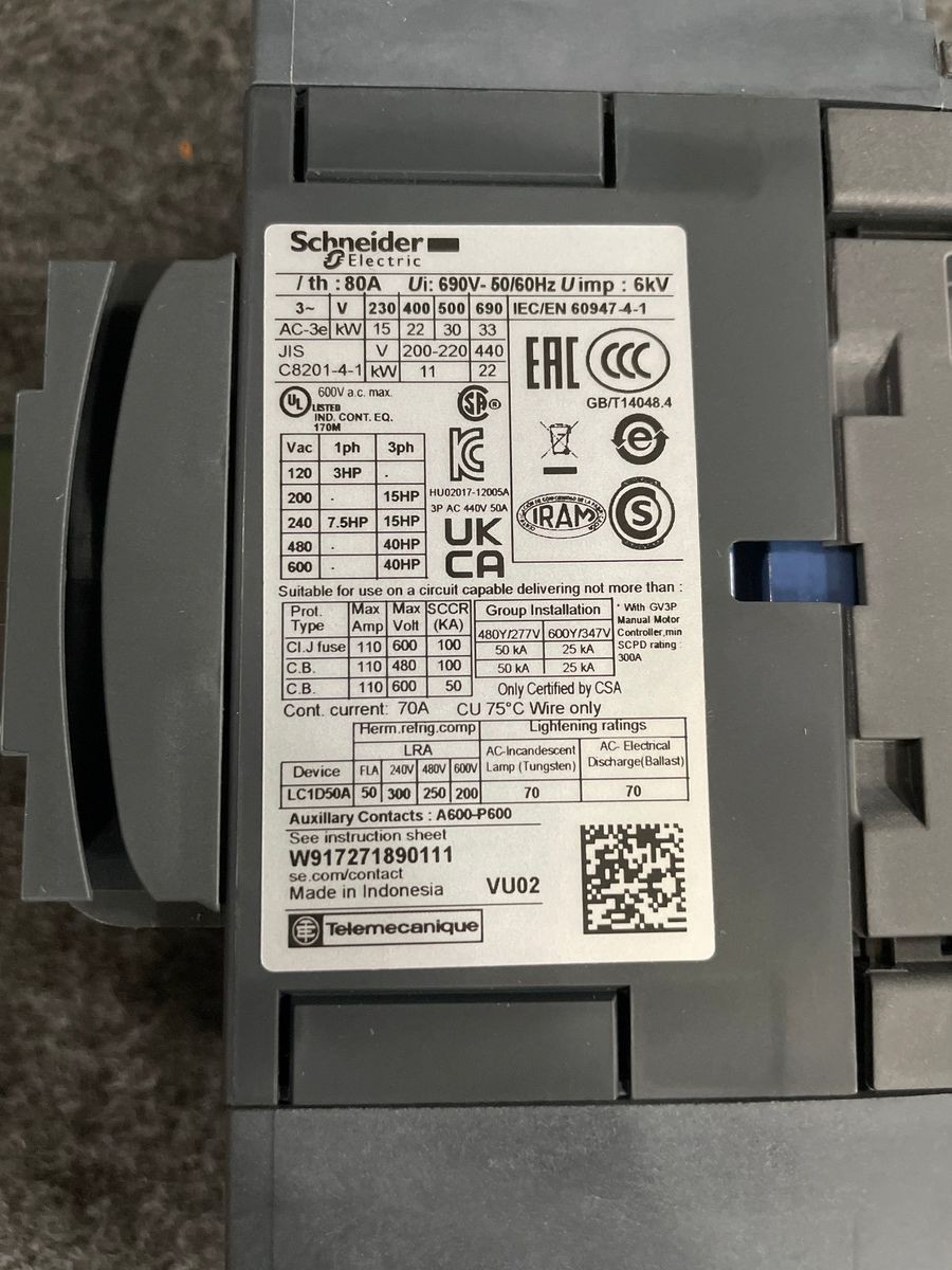 SCHNEIDER ELECTRIC LC1D50AG7 Contactor, TeSys Deca, 3P, 50A, 120V AC