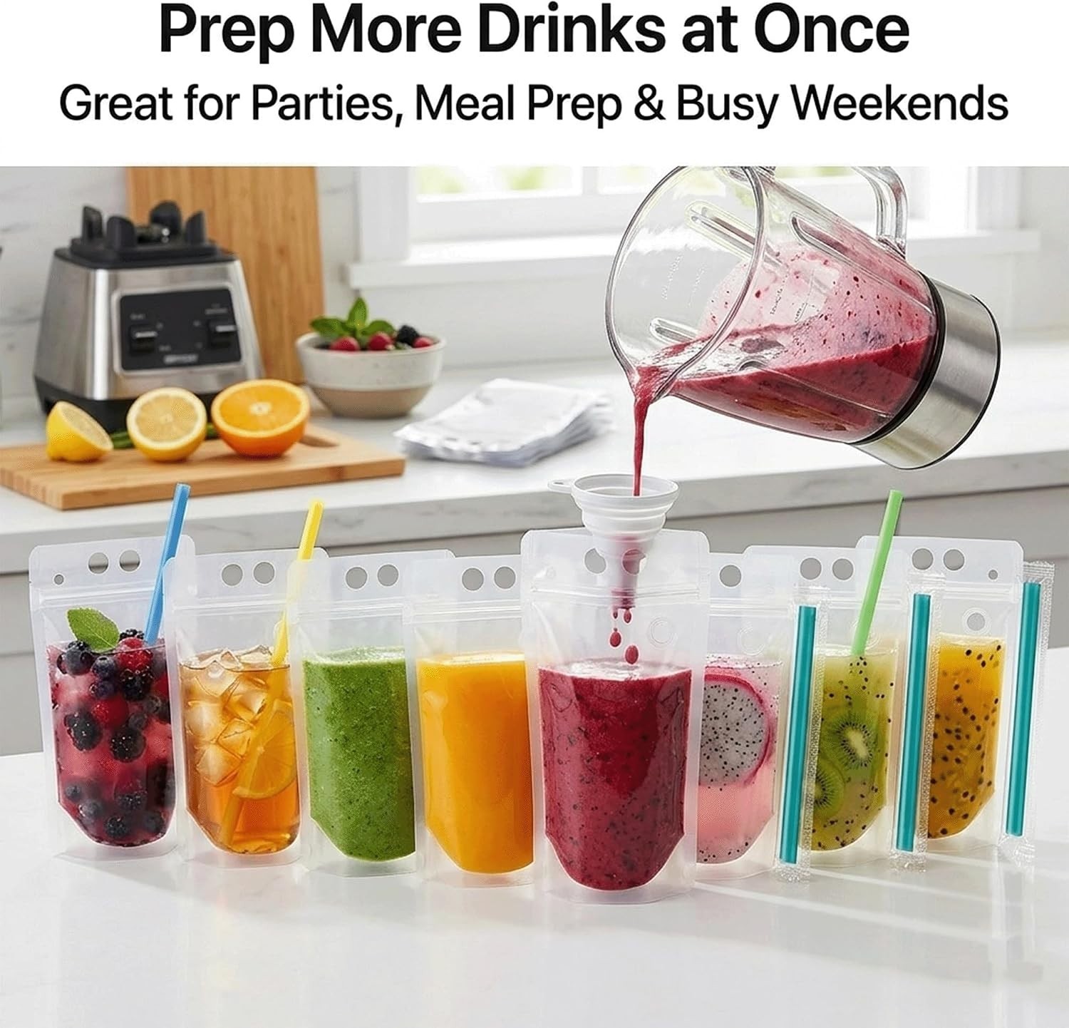 200 Drink Pouches with Straws – Reclosable for Parties