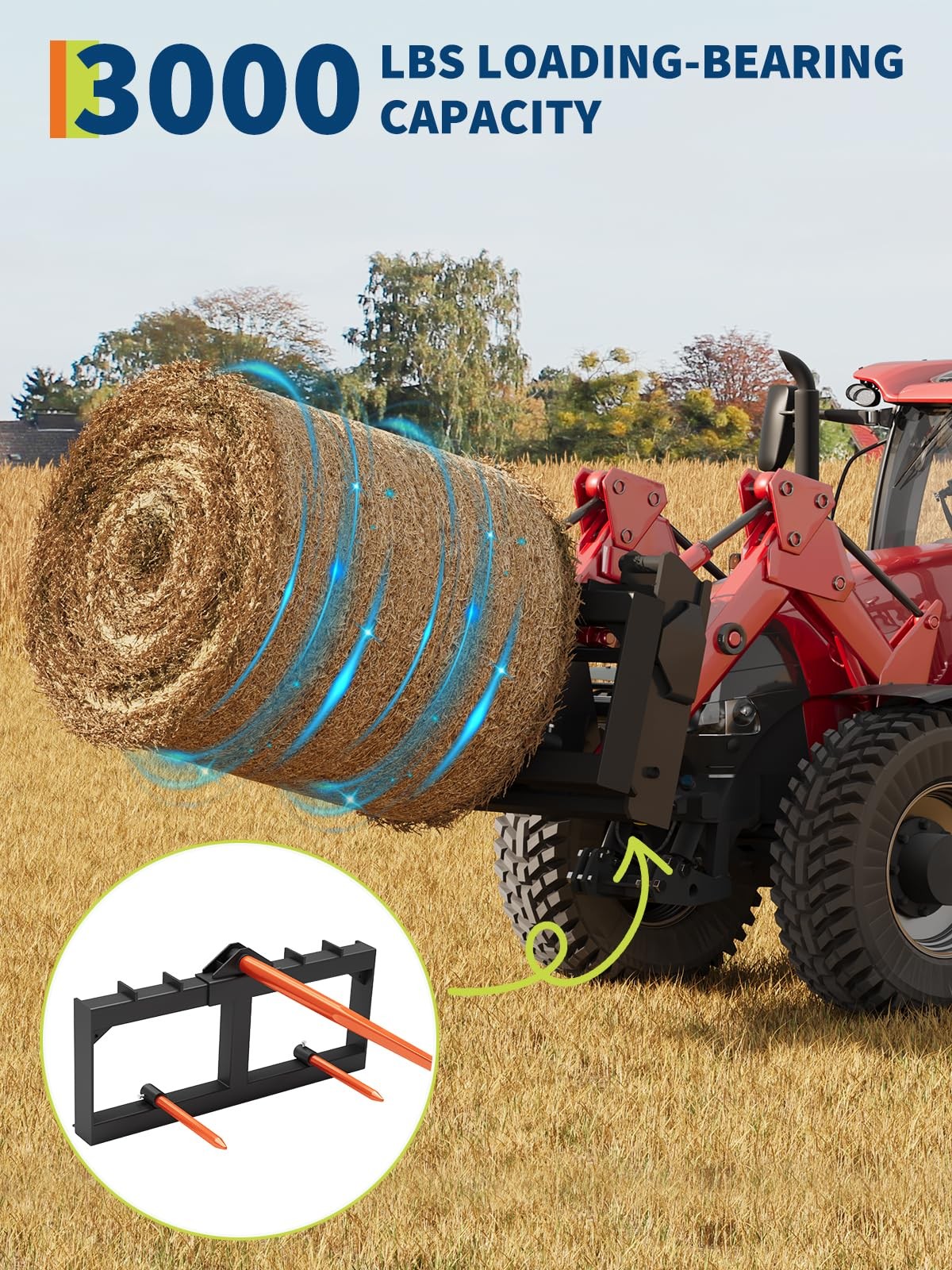 49″ Hay Spear Attachment 3000LBS Quick Attach with Hay Spear & Stabilizer Spears