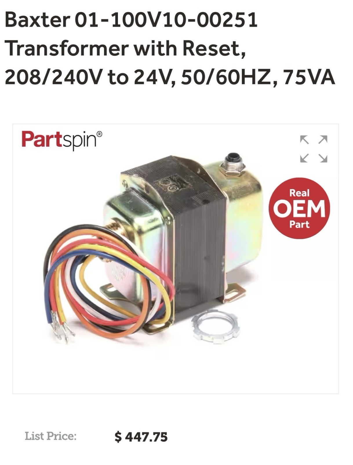Baxter 01-100V10-00251 Transformer 120 to 24VAC. New In Box