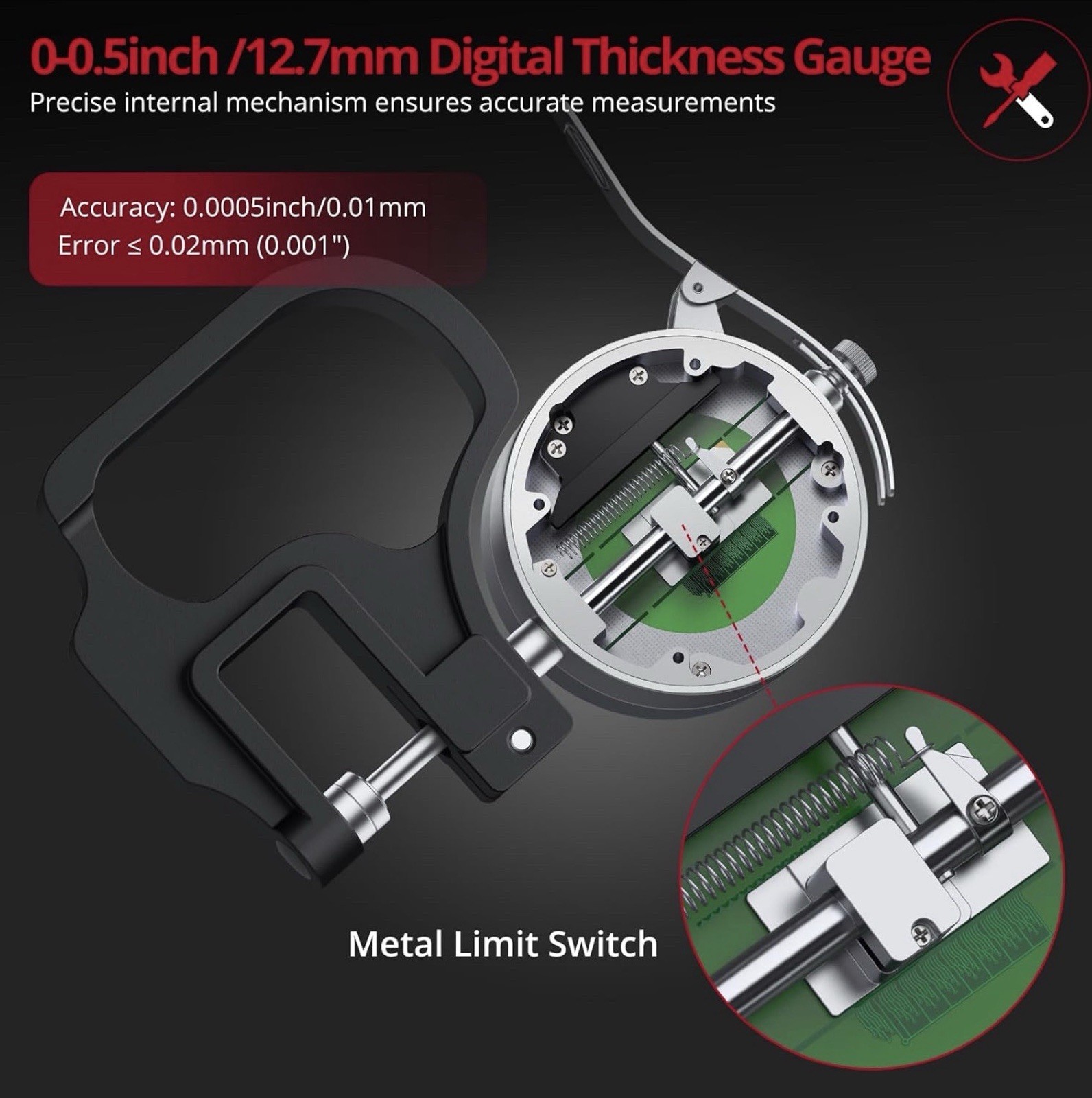 Digital Thickness Gauge 0.5inch 12.7mm LCD Display Unit Conversion
