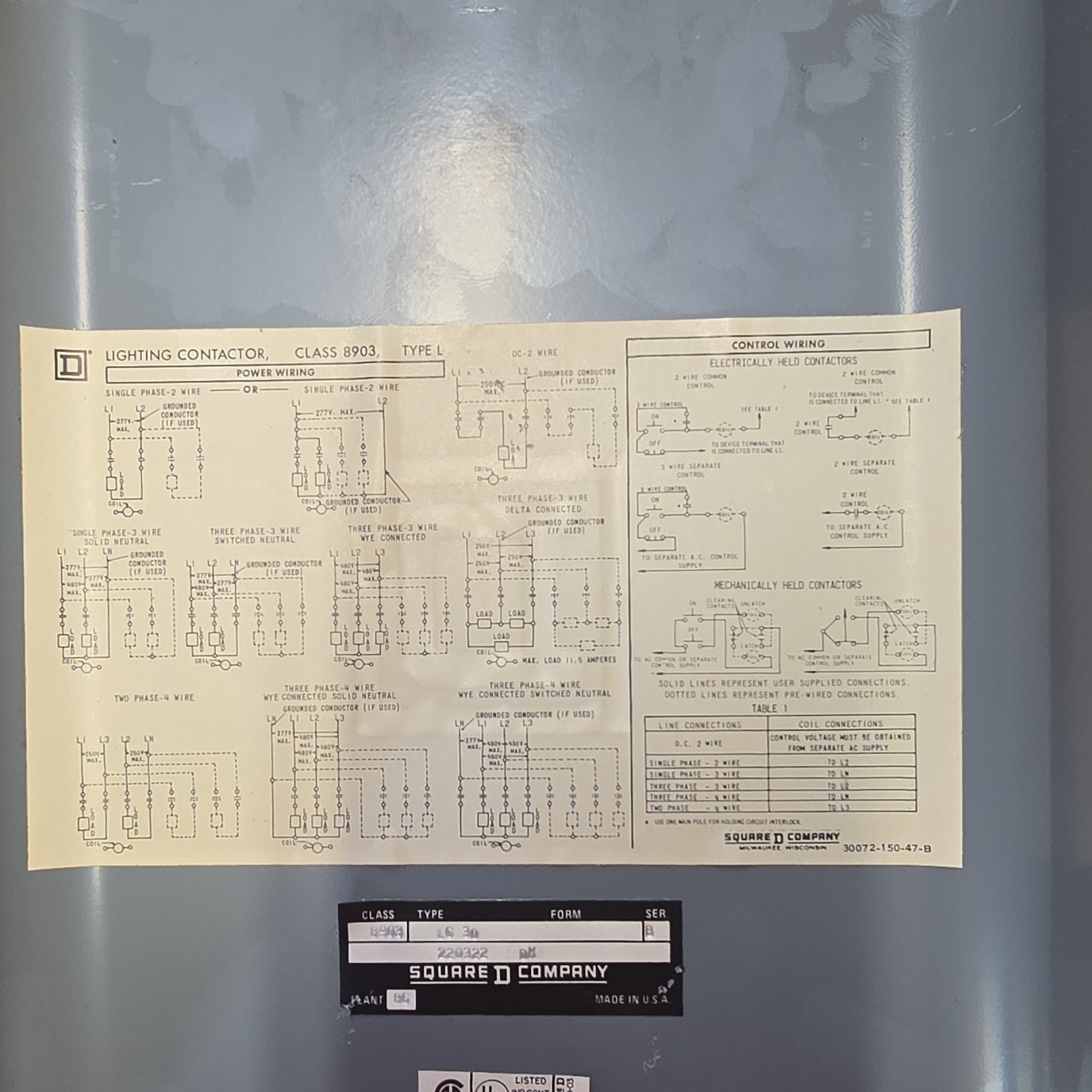 Square D Electrically Held Lighting Contactor 4-Pole 120V 30A 8903LG40