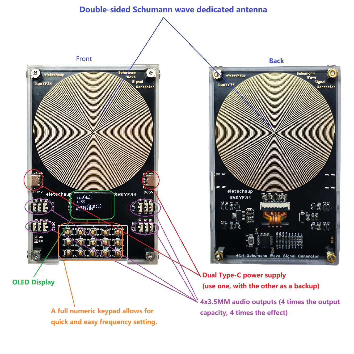 4CH 0.01-500KHz High-Precision 7.83 Resonance Generator Ultra Low Frequency OLED