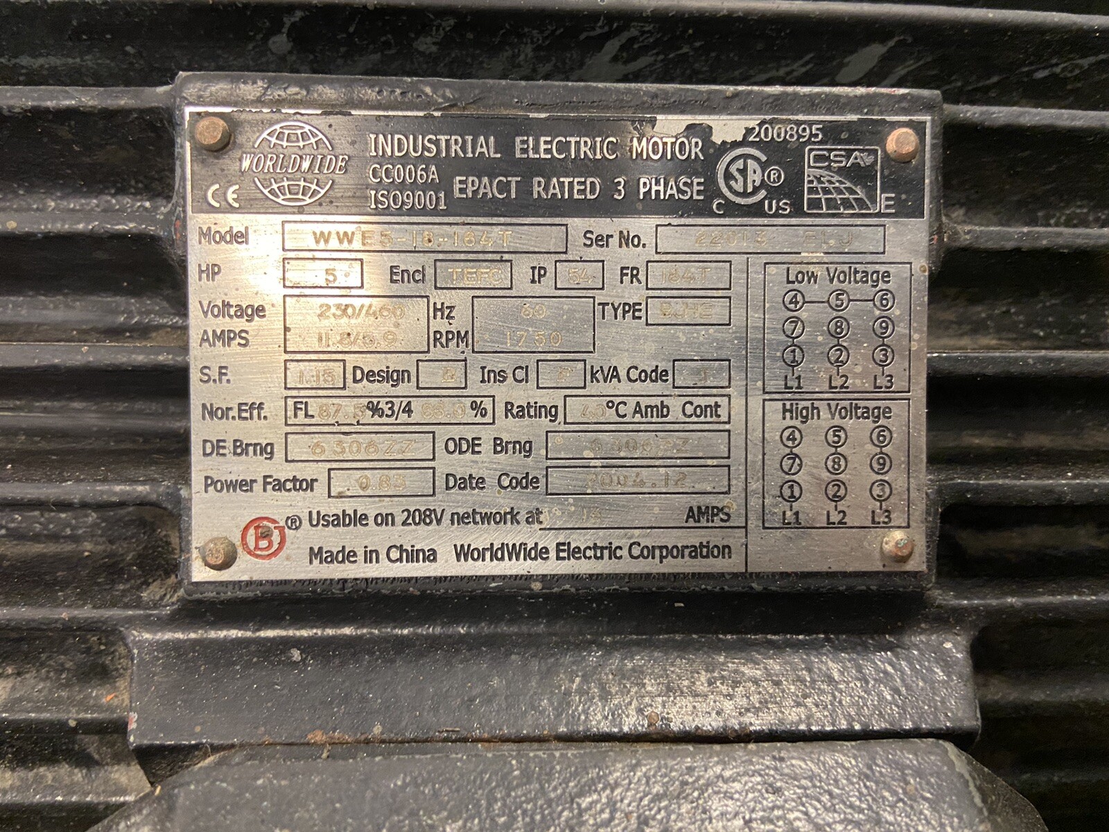 Worldwide,WWE5-18-184T,Motor 5HP 230/460V 1750RPM Frame 184T