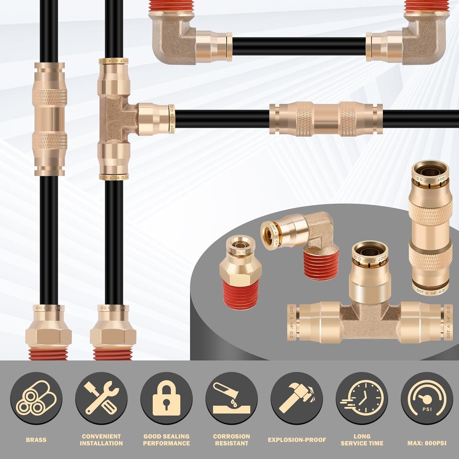 CheeMuii 100 FT 1/4″ DOT Air Line w 34 Pcs Brass DOT Air Line Fittings Kit 30.5m