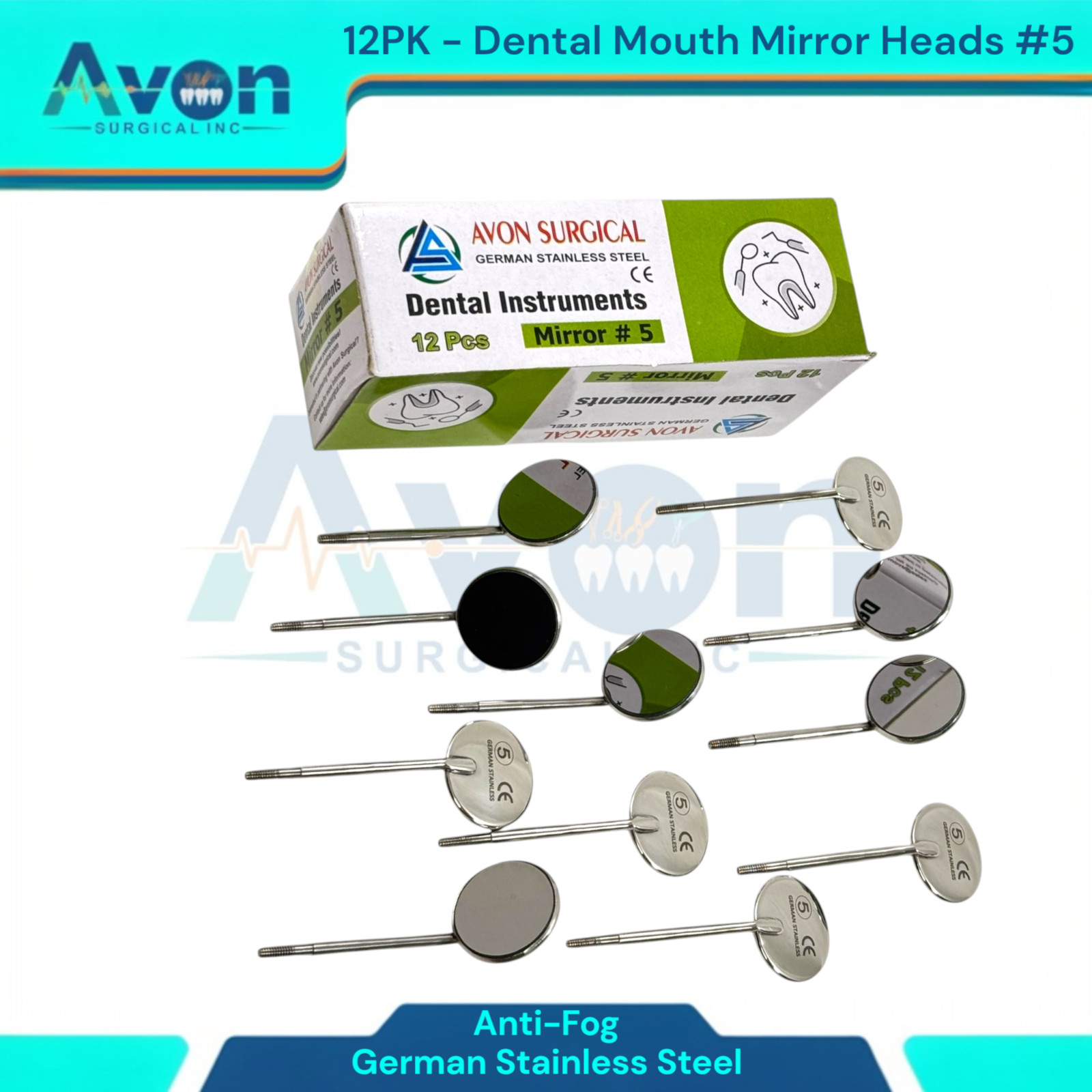 Dental Mouth Mirror Heads #5, Anti-Fog, Cone Socket | Stainless Steel (12PK)