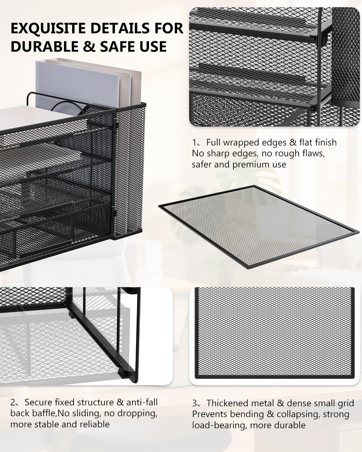 WALI 4-Tier Desk Organizer Black Metal Mesh with Drawer & Pen Holders