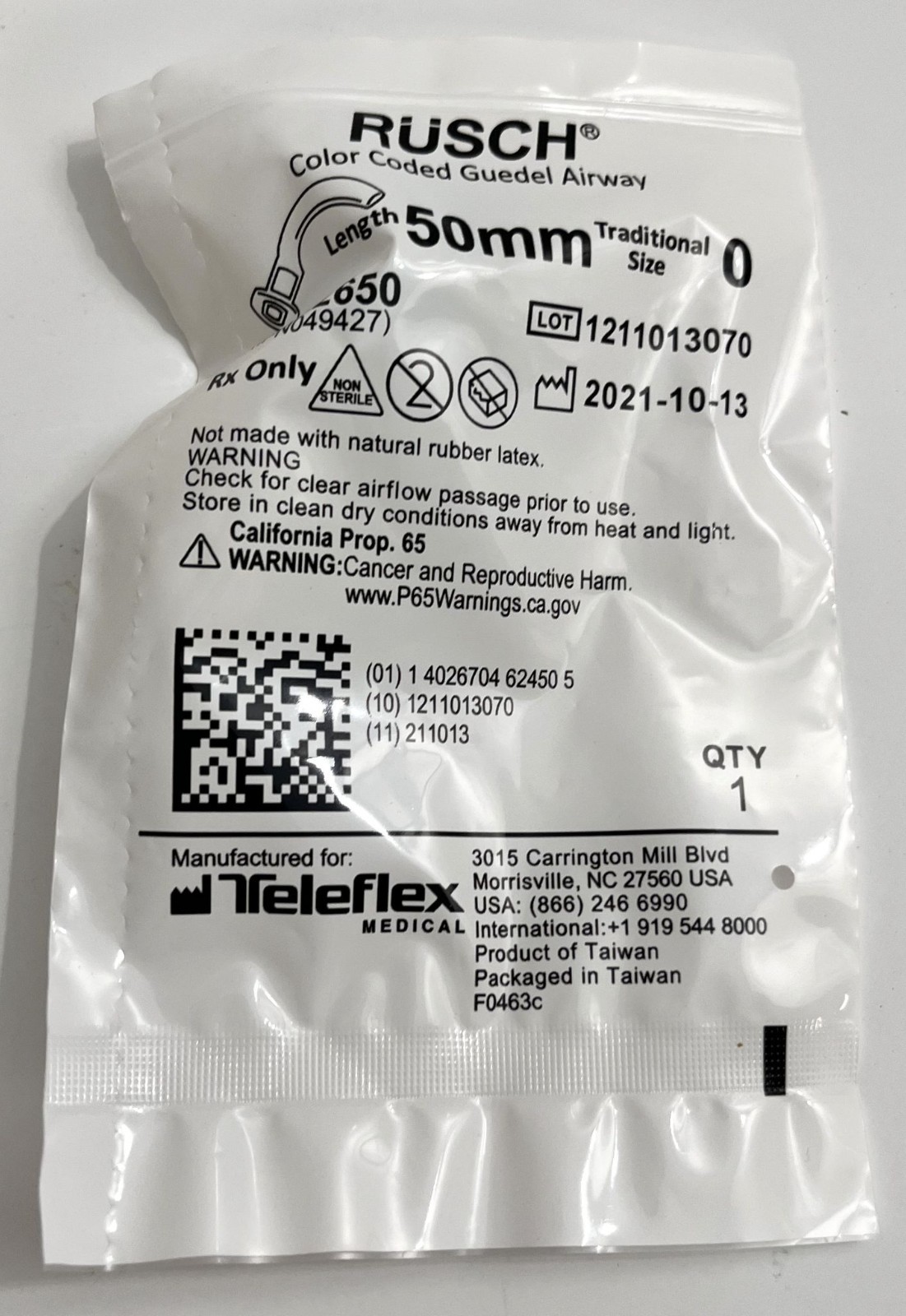 Teleflex Rusch 122650 Color Coded Guedal Airway Length 50mm Size 0 (Box of 50)