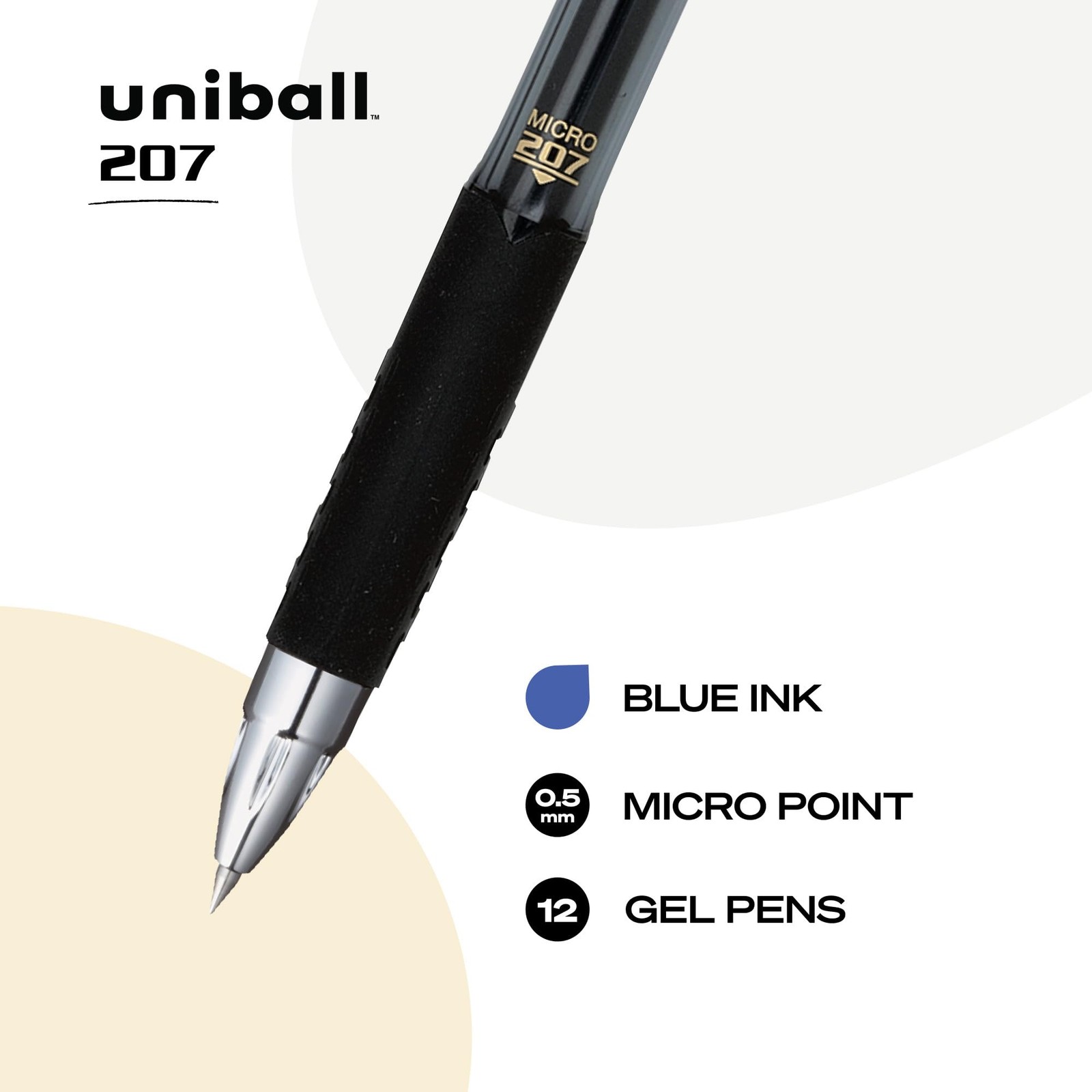 uniball 207 Retractable Gel Pens, Micro Point (0.5mm), Blue, 12 Pack