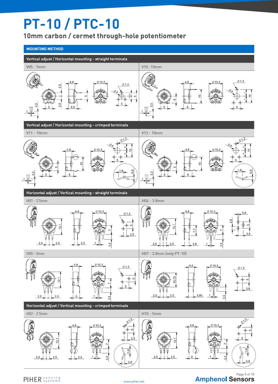 10 Pcs PT10MH05-104A2020 PIHER Potentiometer 1Turn THT 10MM 100 kΩ ±20% Linear