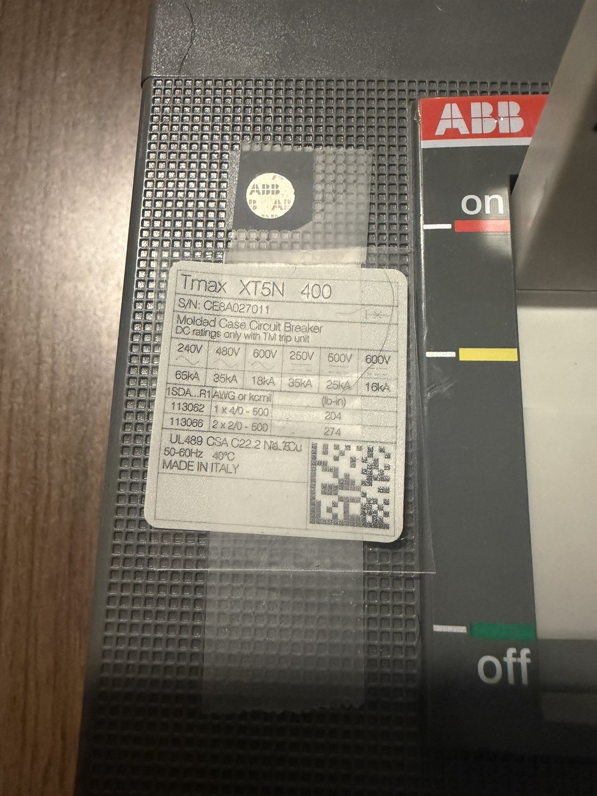 ABB TMAX XT5N CIRCUIT BREAKER 400 A 3P EKIP DIP LSI MAIN BREAKER MOUNT