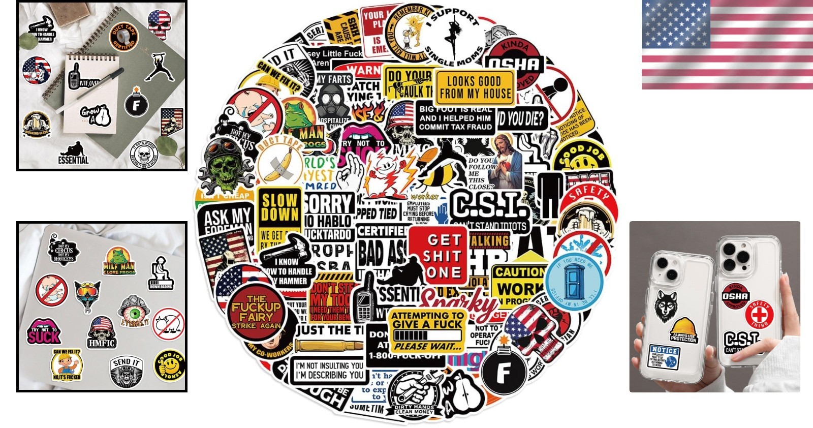 100pcs Funny Hard Hat Stickers (Dirty) for Adult Tool Box, Helmet, Black