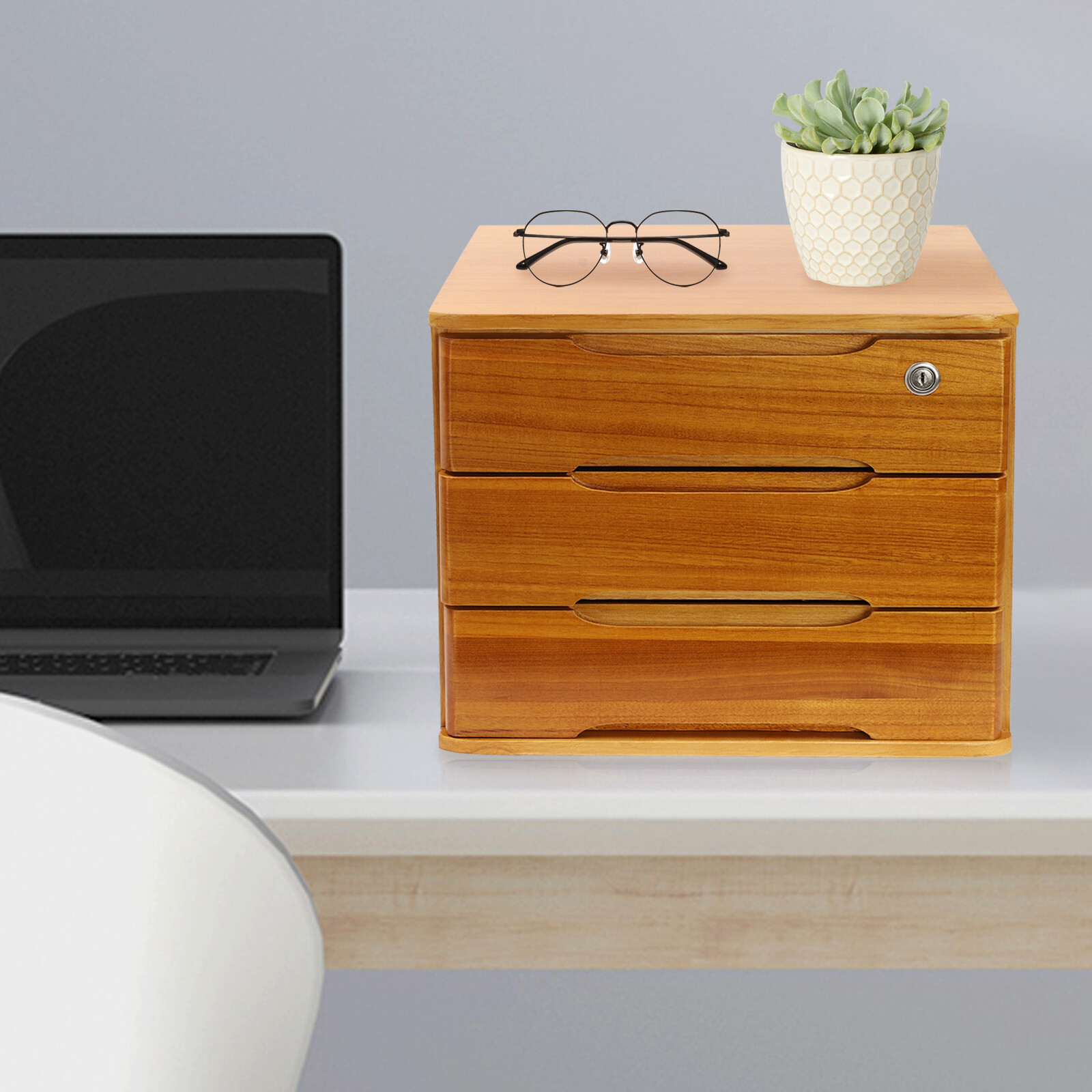 Wooden Desktop Storage Box 3-Tier Desk Organizer w/ Lockable Drawers 30kg max.
