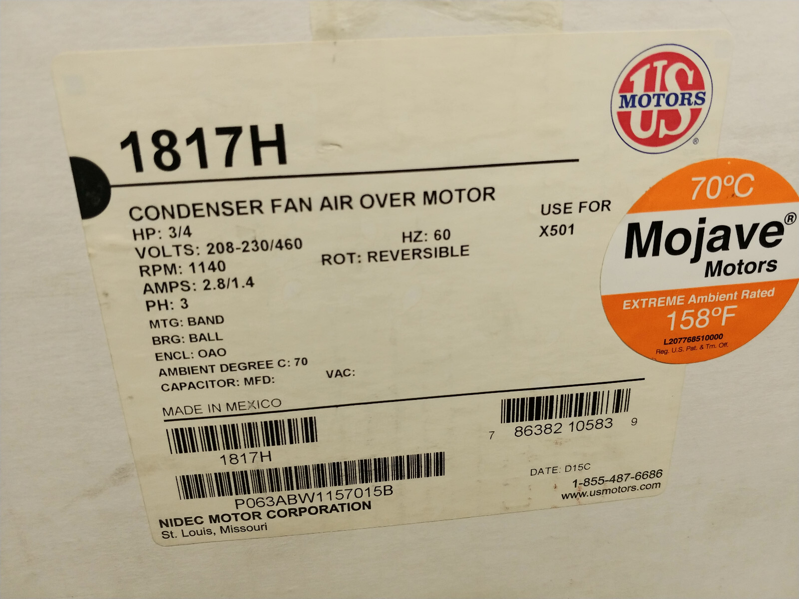 US Motors 1817H Mojave 600W Condenser Motor 60HZ 1140 RPM 3/4 HP 208V-230V/460V