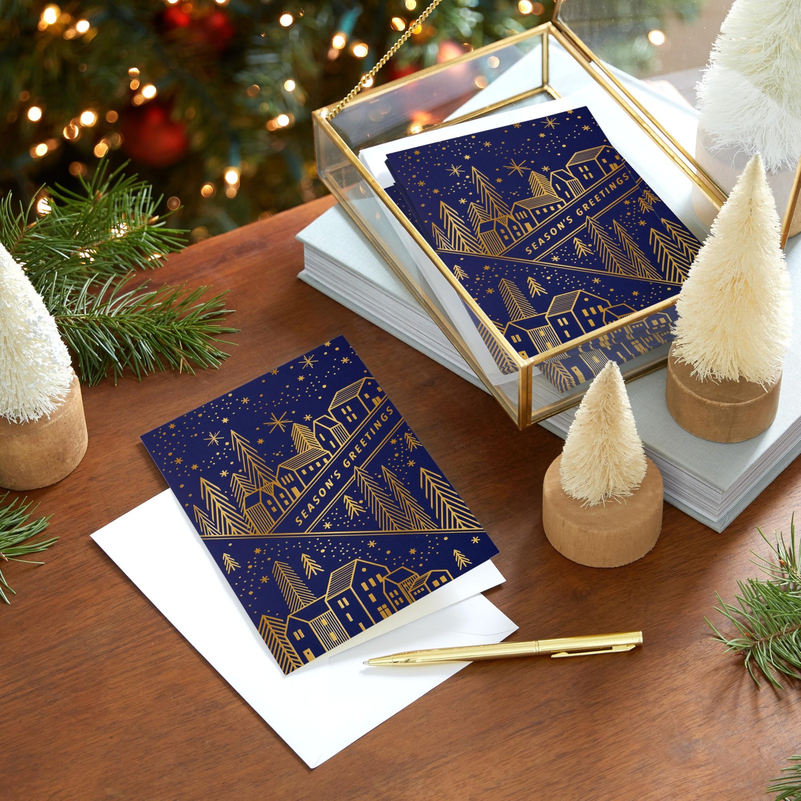 Hallmark Bulk 5 inches x 7.19 inches, Gold Foil Houses and Trees on Navy Blue