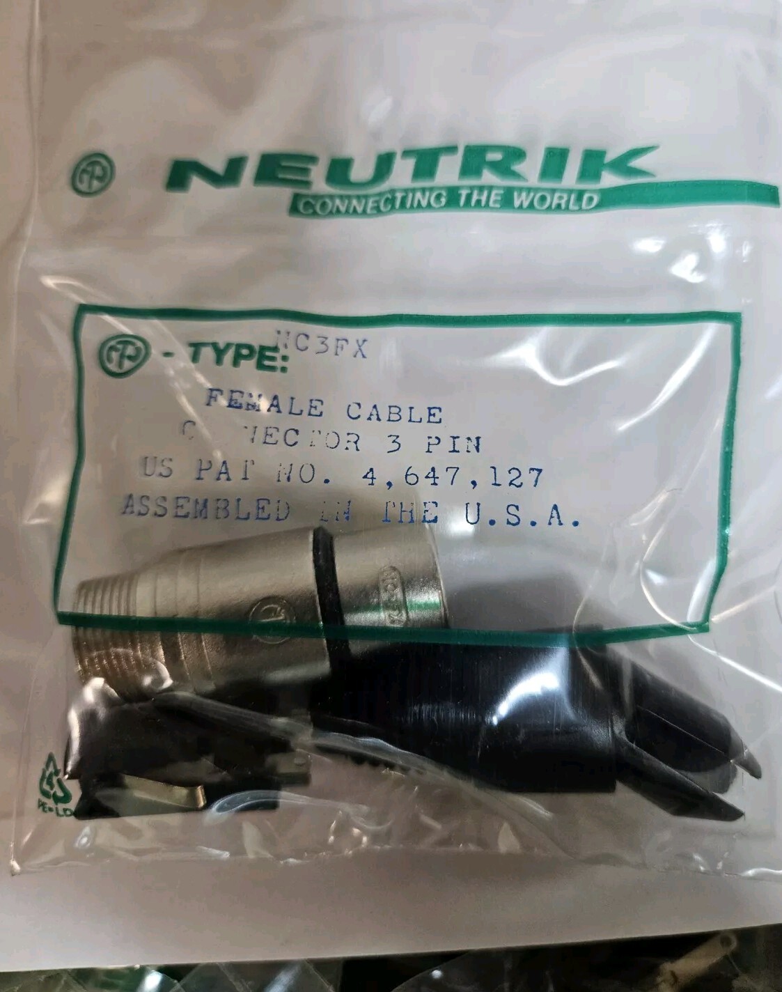 Neutrik NC3FX XLR Cable Connector 3 Pole Female. Lot of 10 pieces.