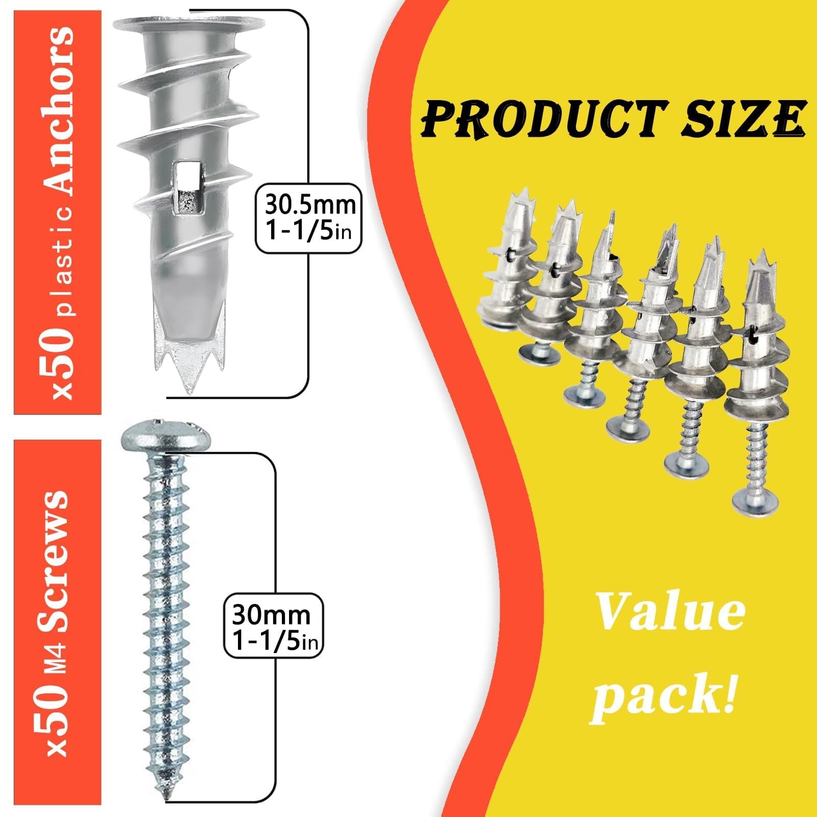 100PCS Zinc Self-Drilling Drywall Anchors, 50 Heavy Duty Hollow Metal Wall An…