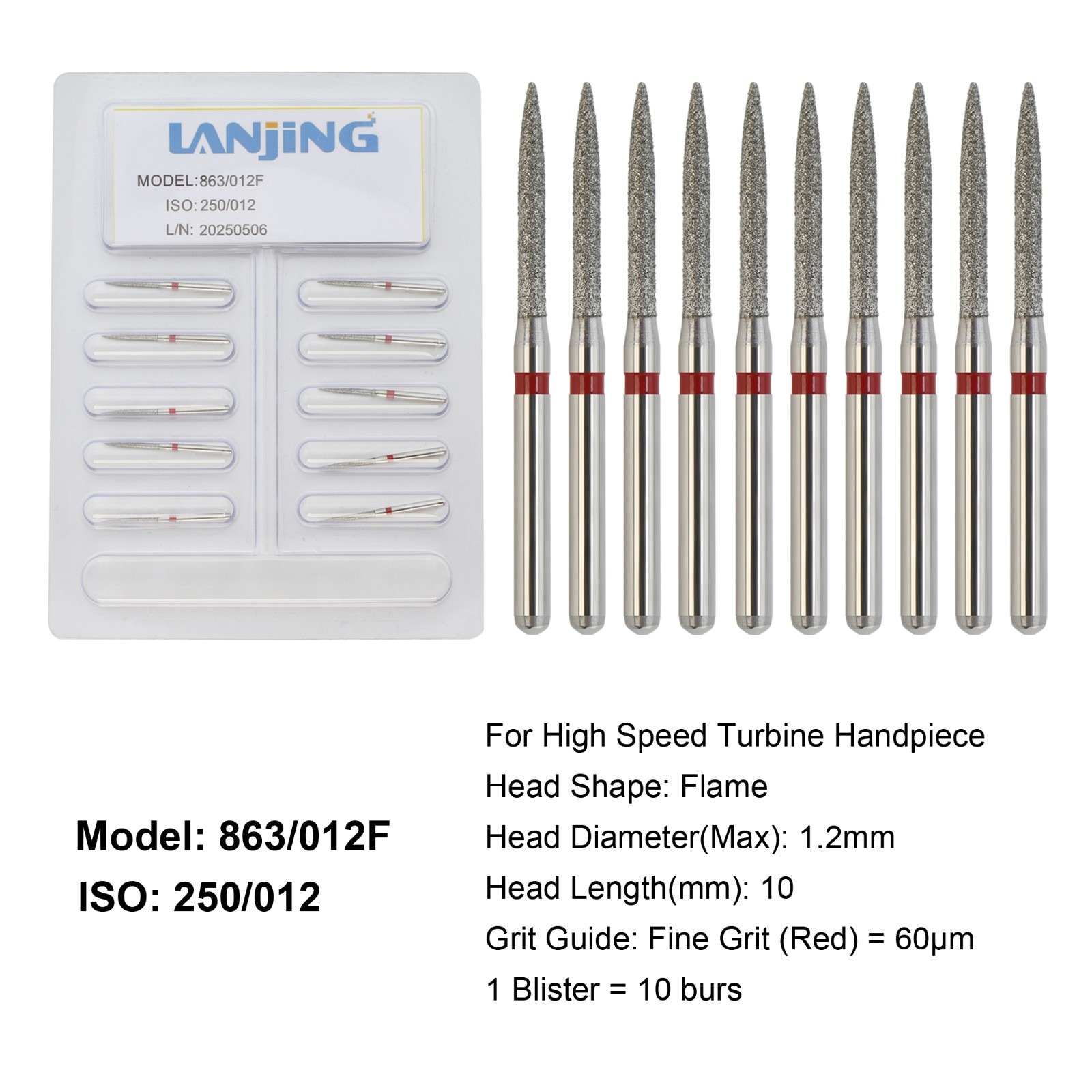 Dental Diamond Bur Flame Diamond Burs Fine High Speed Friction Grip 863/012F