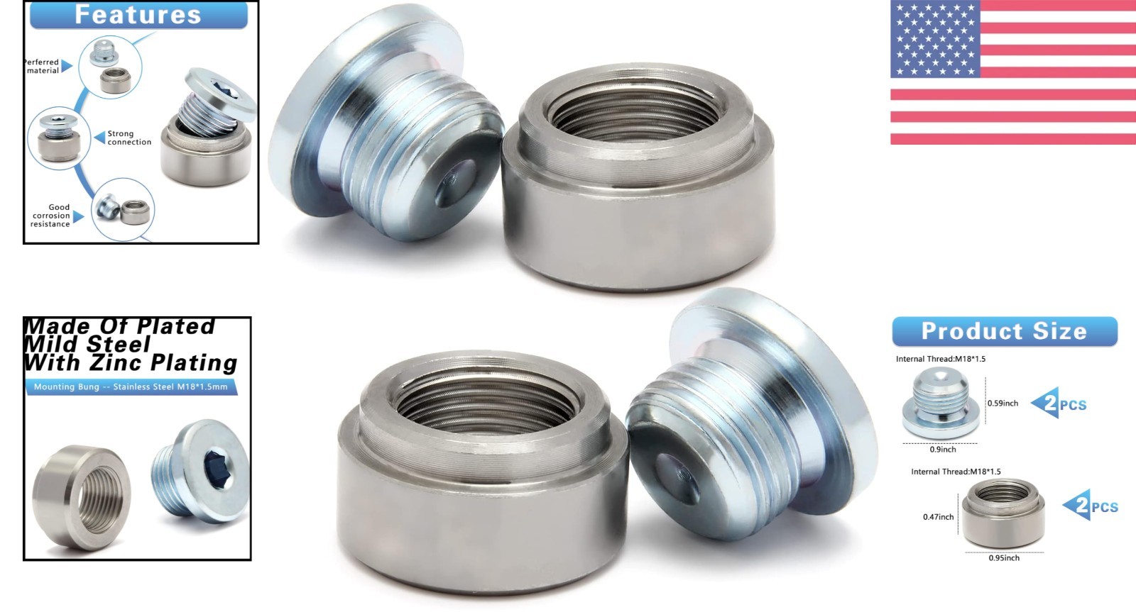 Versatile M18X1.5 Stainless Steel Mounting Bung & Plugs – 2 Each, Easy to Weld