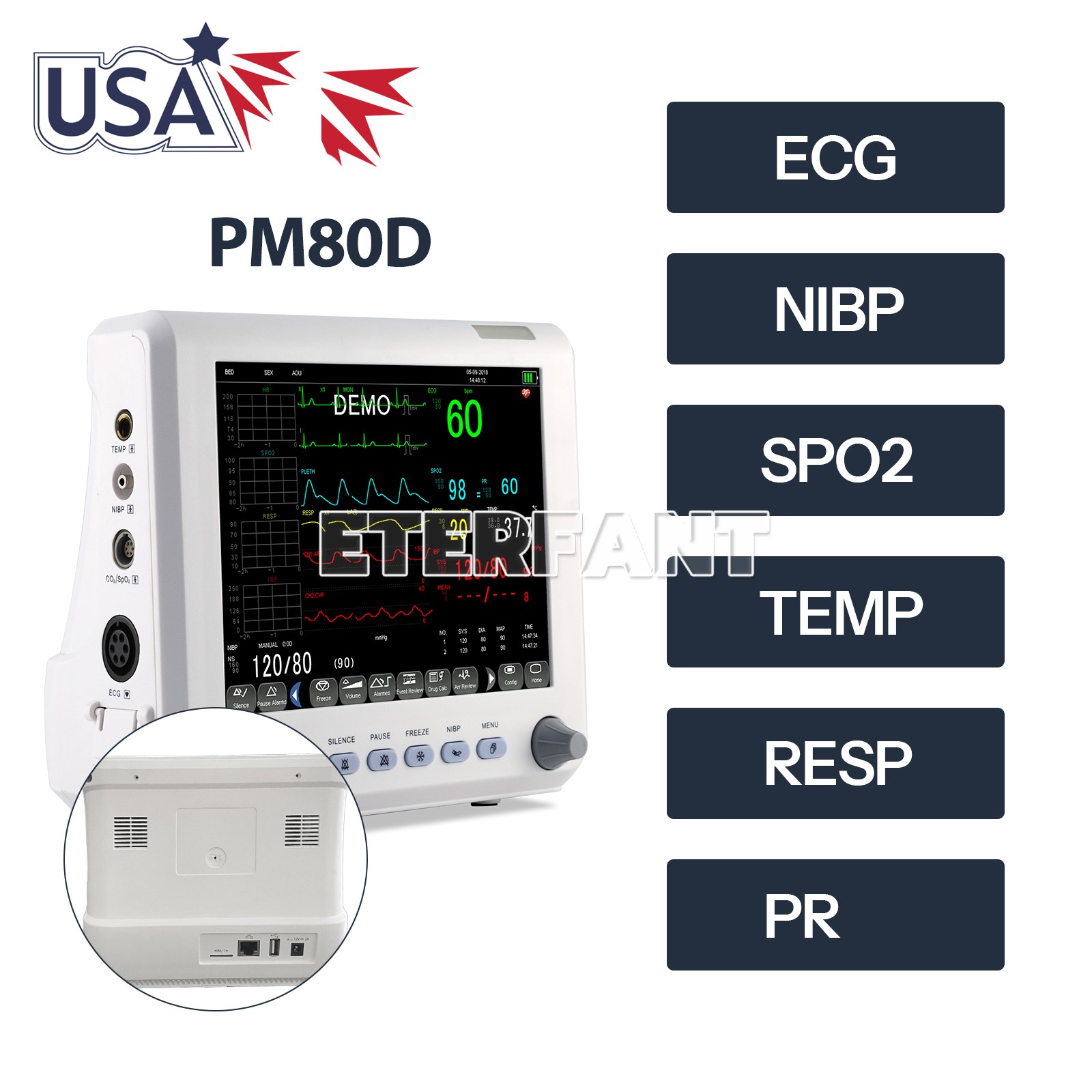 8/12/15» Multi-parameter Patient Monitor Vital Sign ECG NIBP RESP TEMP SPO2 PR
