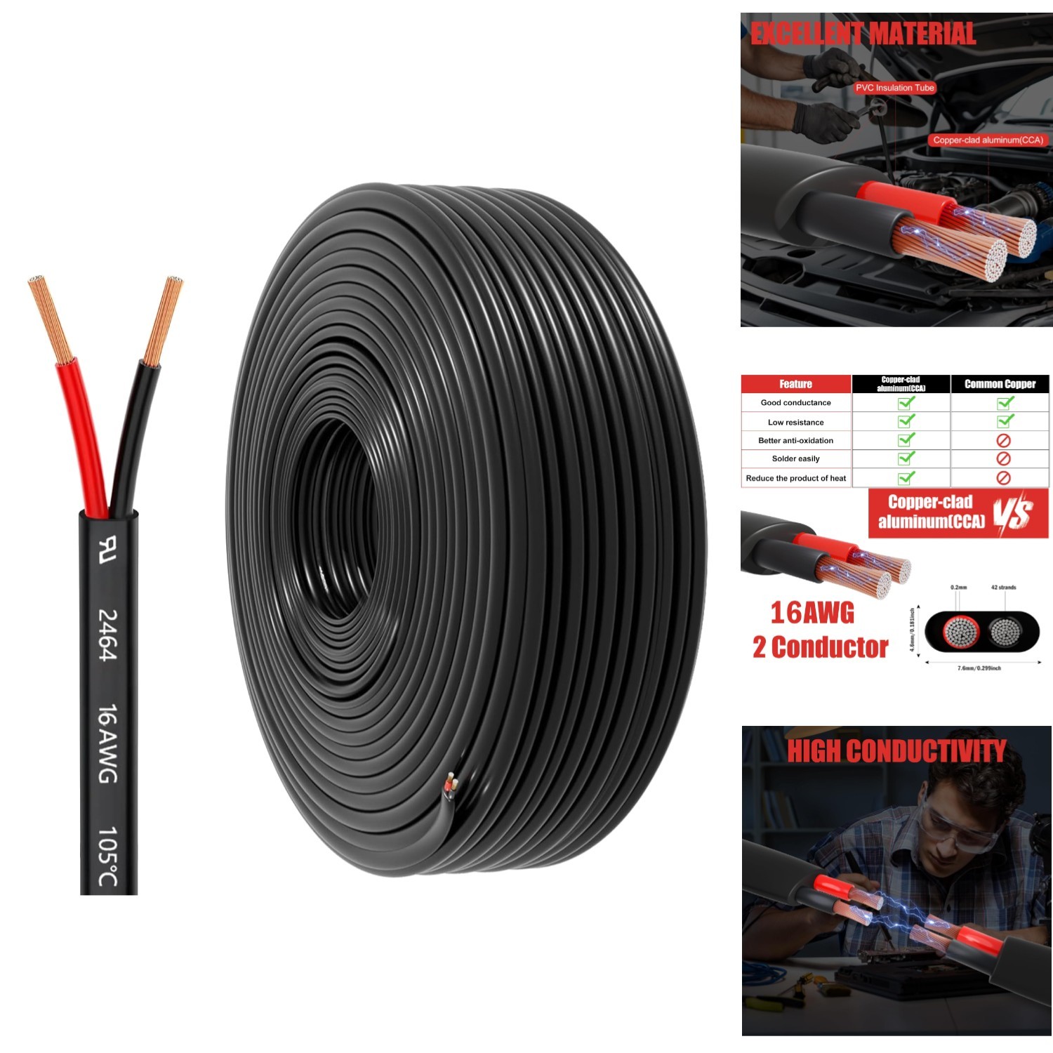 16 Gauge Wire 2 Conductor 30FT Copper-Clad Aluminum for Automotive & Marine
