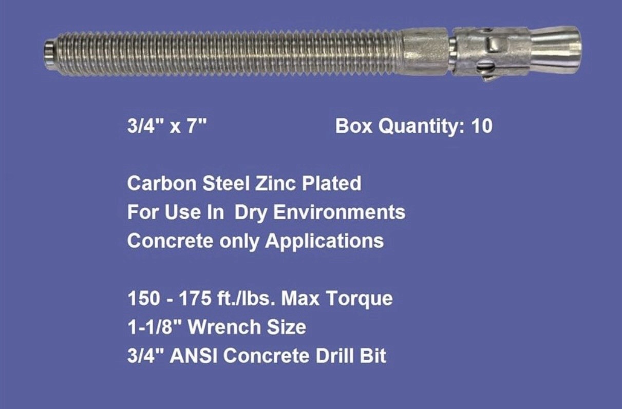 3/4″ x 7″ Wedge Anchor Zinc Plated (Box of 10)