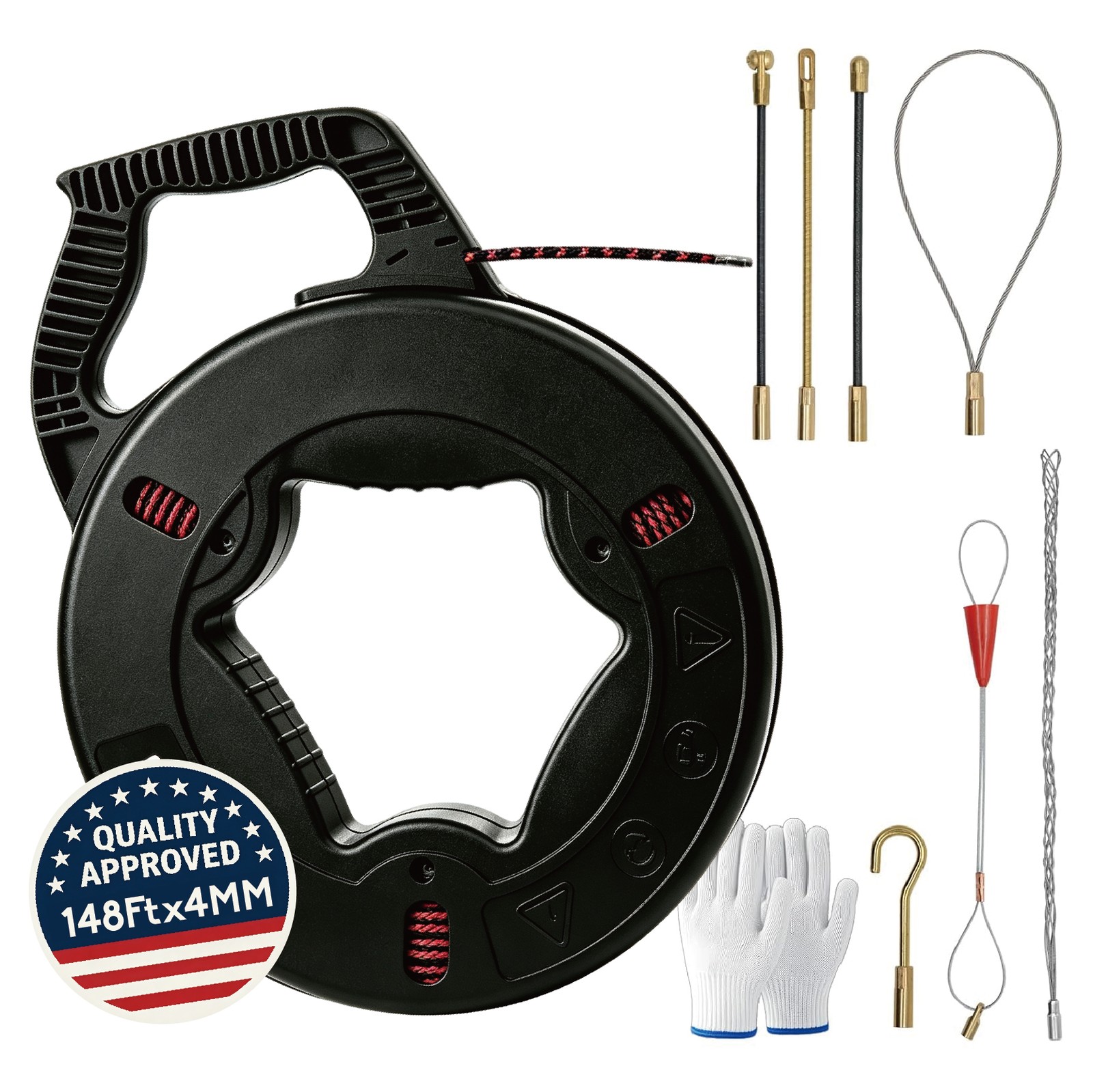 148Ft x4MM Glassfiber Fish-shaped Wire For Pulling Wire & Cable with 7 Adapters