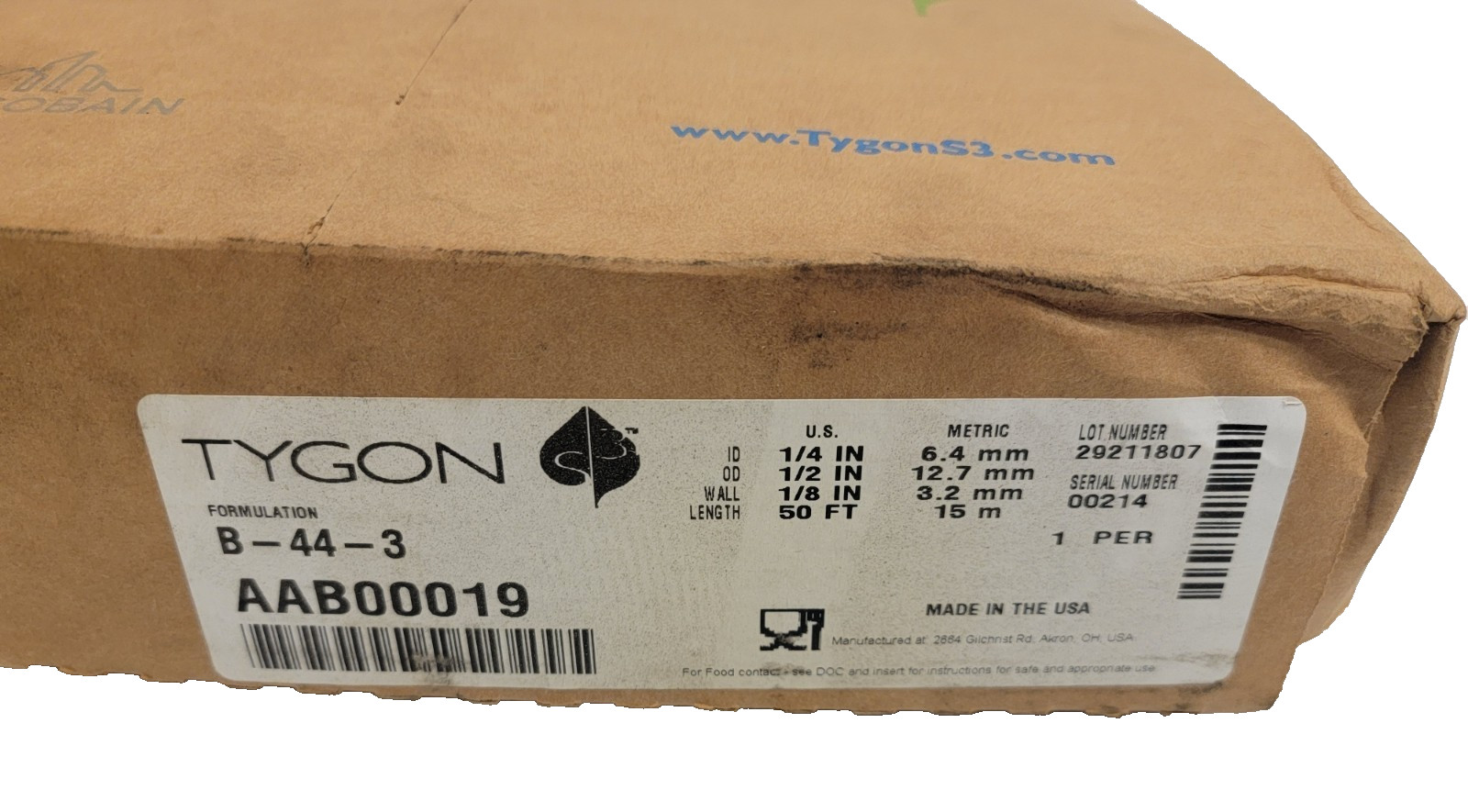 Tygon B-44-3 Tubing, 50′, 1/4″ ID, 1/2″ OD, 1/8″ Wall