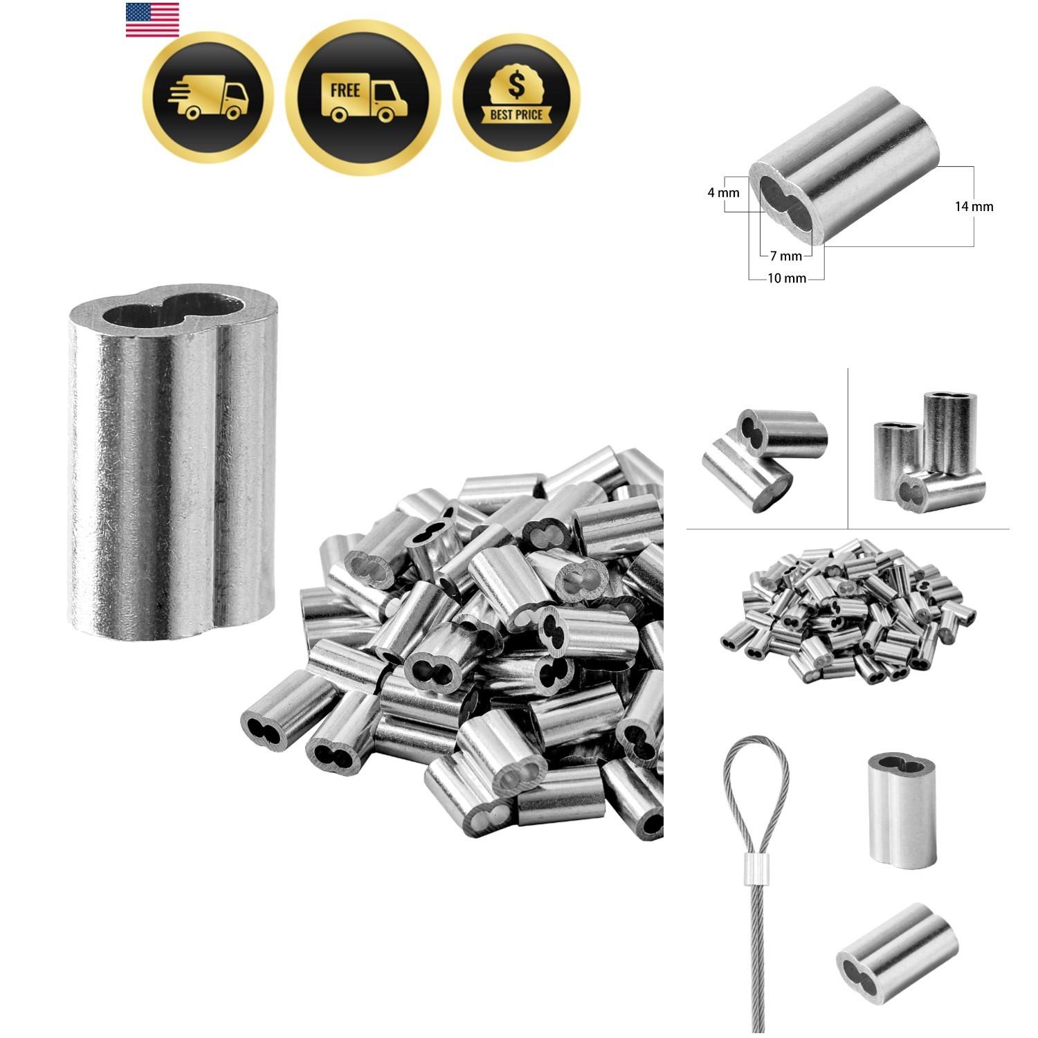 1/8″ 3mm Aluminum Crimping Loop Sleeve for 1/8″ Wire Rope, Cable Ferrule 100Pcs