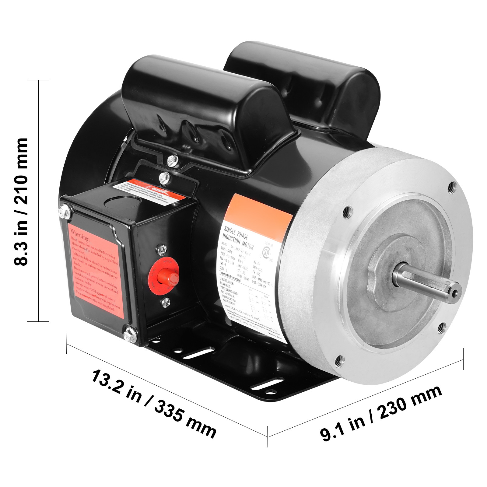 VEVOR 1.5HP Electric Motor 1725RPM AC115/230V 56C Frame 1-Phase 5/8″ Keyed Shaft