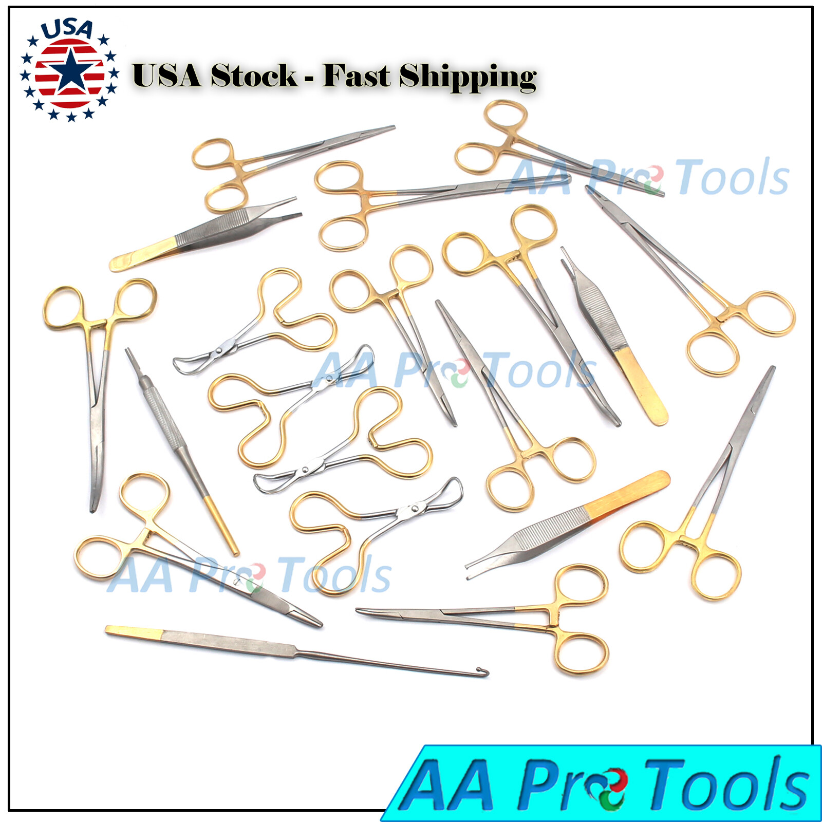 22 PCS GOLD HANDLE T/C FELINE SPAY PACK SURGICAL INSTRUMENTS KIT DS-1065
