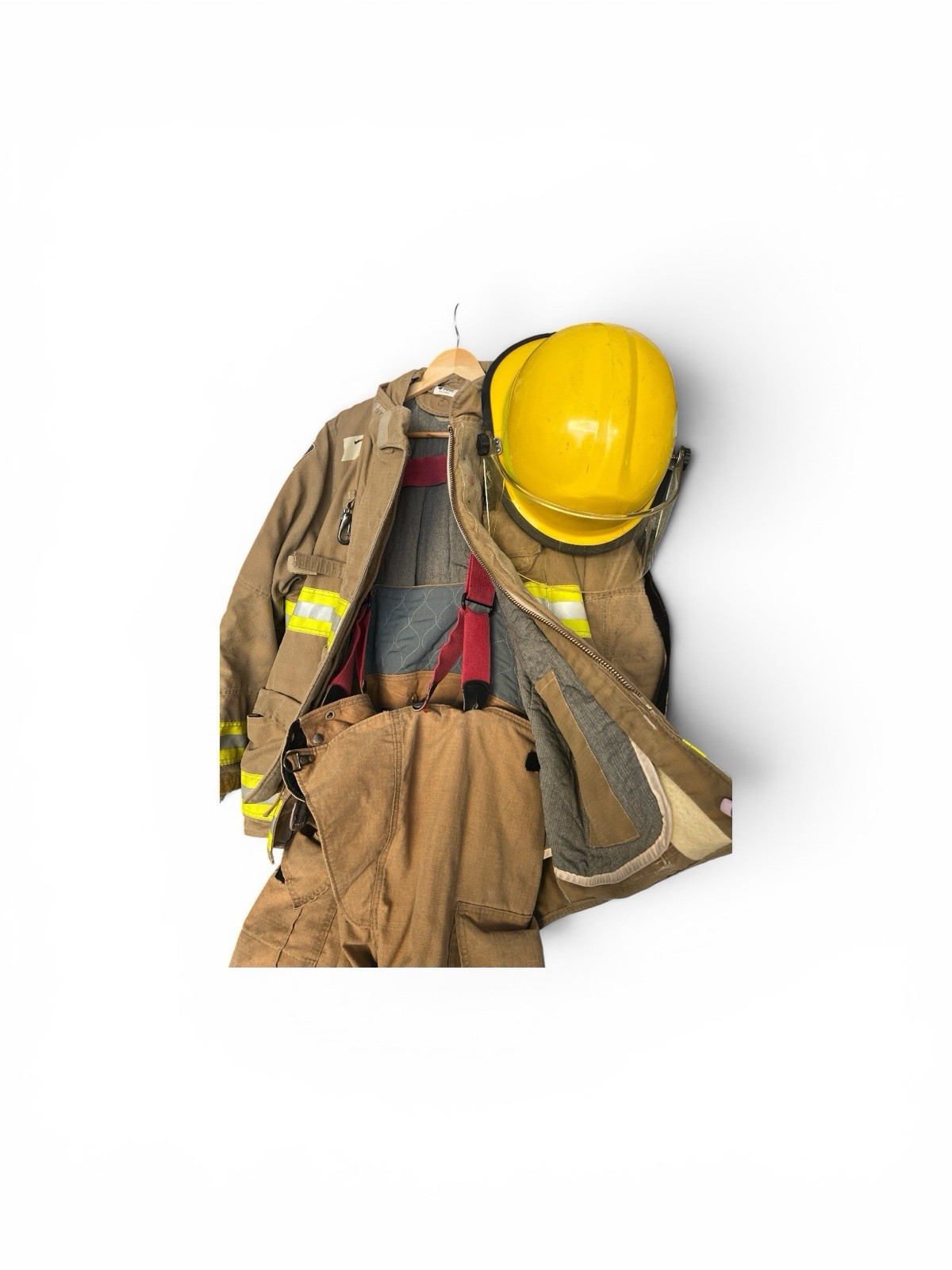 COMPLETE SET FIREFIGHTERS TURNOUT GEAR COAT PANTS BOOTS SUSPENDERS HELMET BOOTS