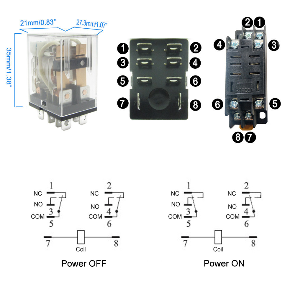 US Stock Power Relay 12A DPDT Coil 12V 24V 110V 220V LY2NJ 8Pin Plug-in + Socket