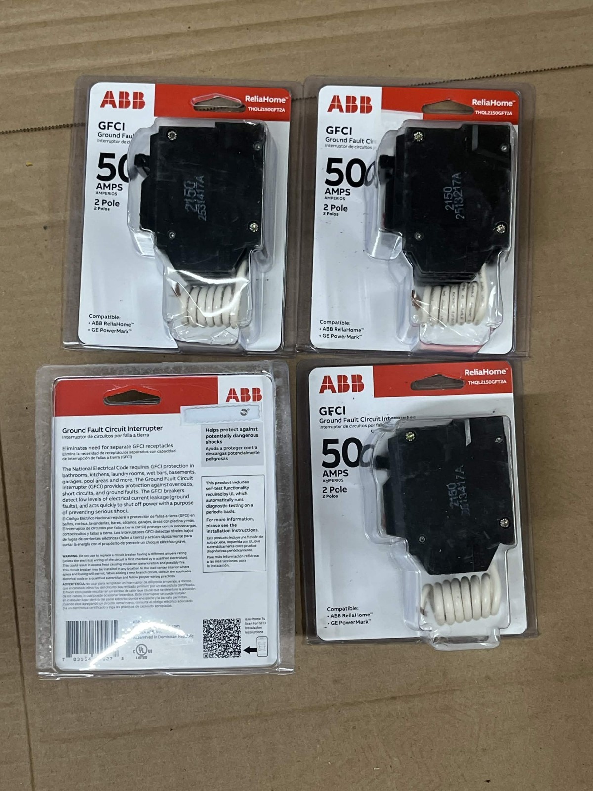 New ABB GE THQL2150GFT2A 50-Amp 2-Pole GFCI Circuit Breaker 4-Pack