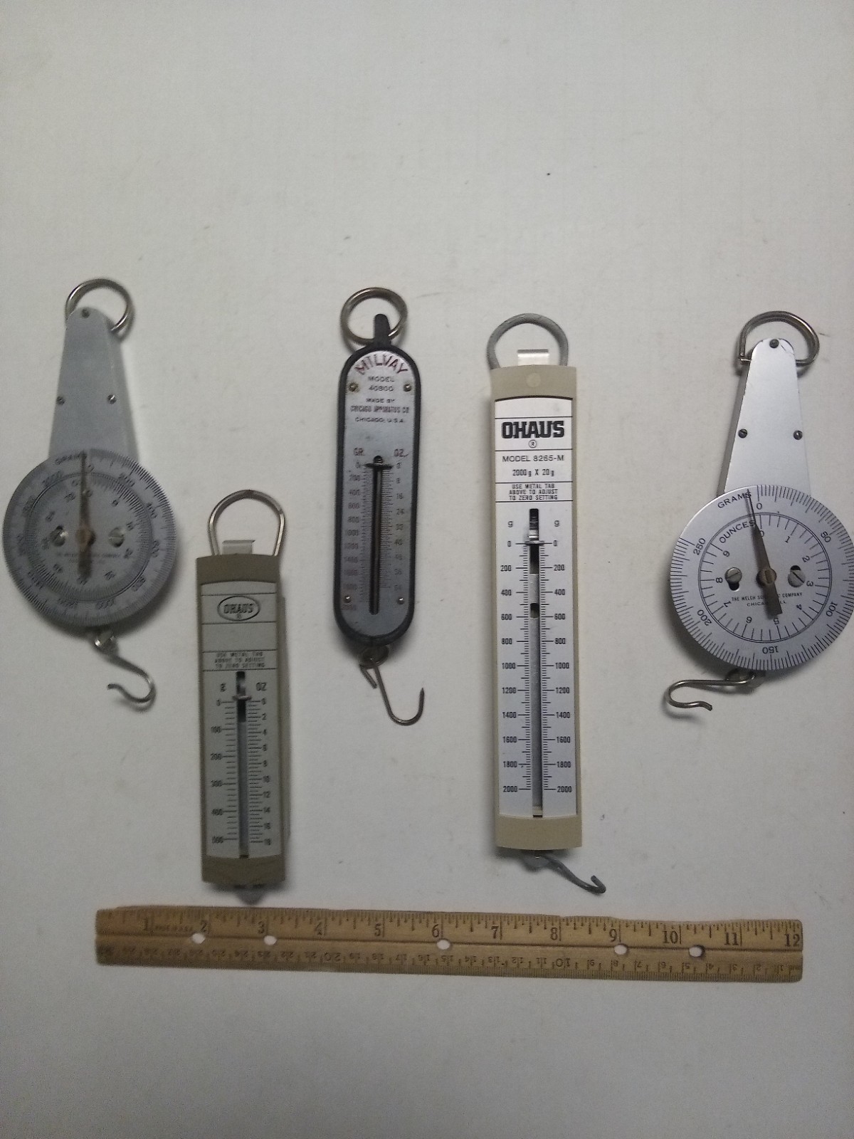 5 Different Hanging Spring Scales,Ohaus,Welch,Milvay,Grams/Ounces,School Surplus