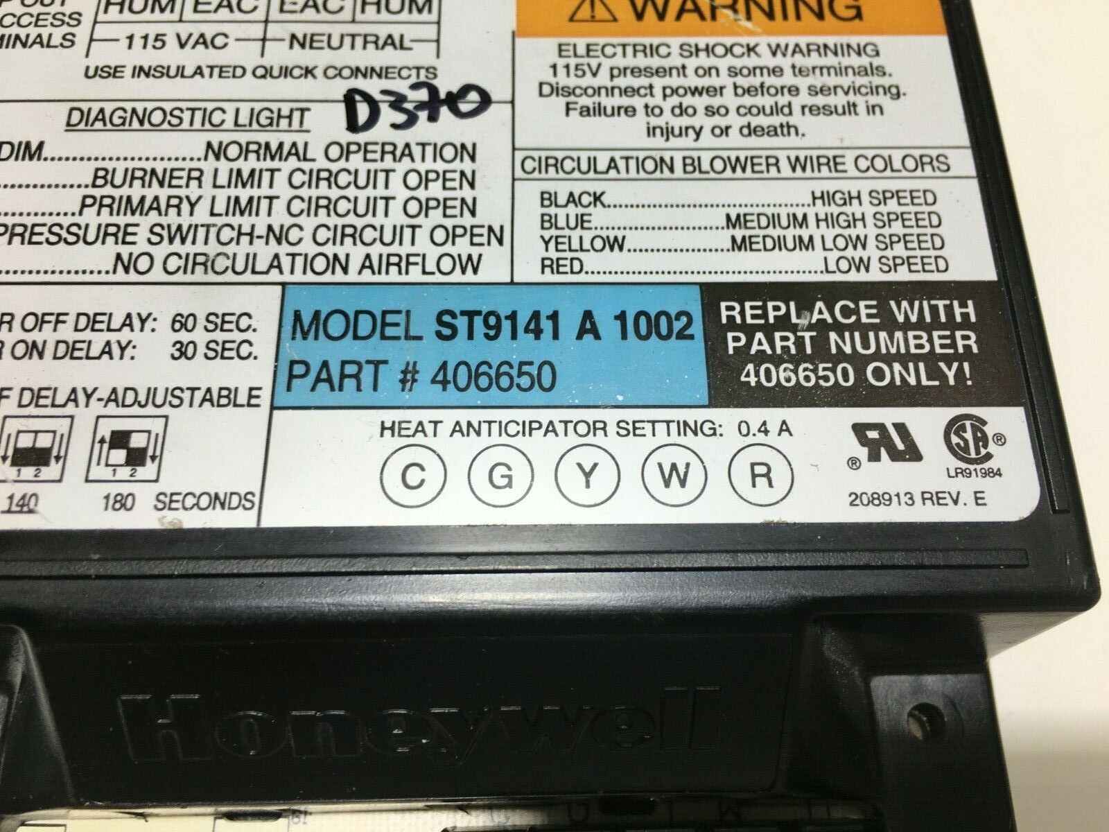 Honeywell ST9141A1002 Furnace Control Circuit Board 406650 used #D370