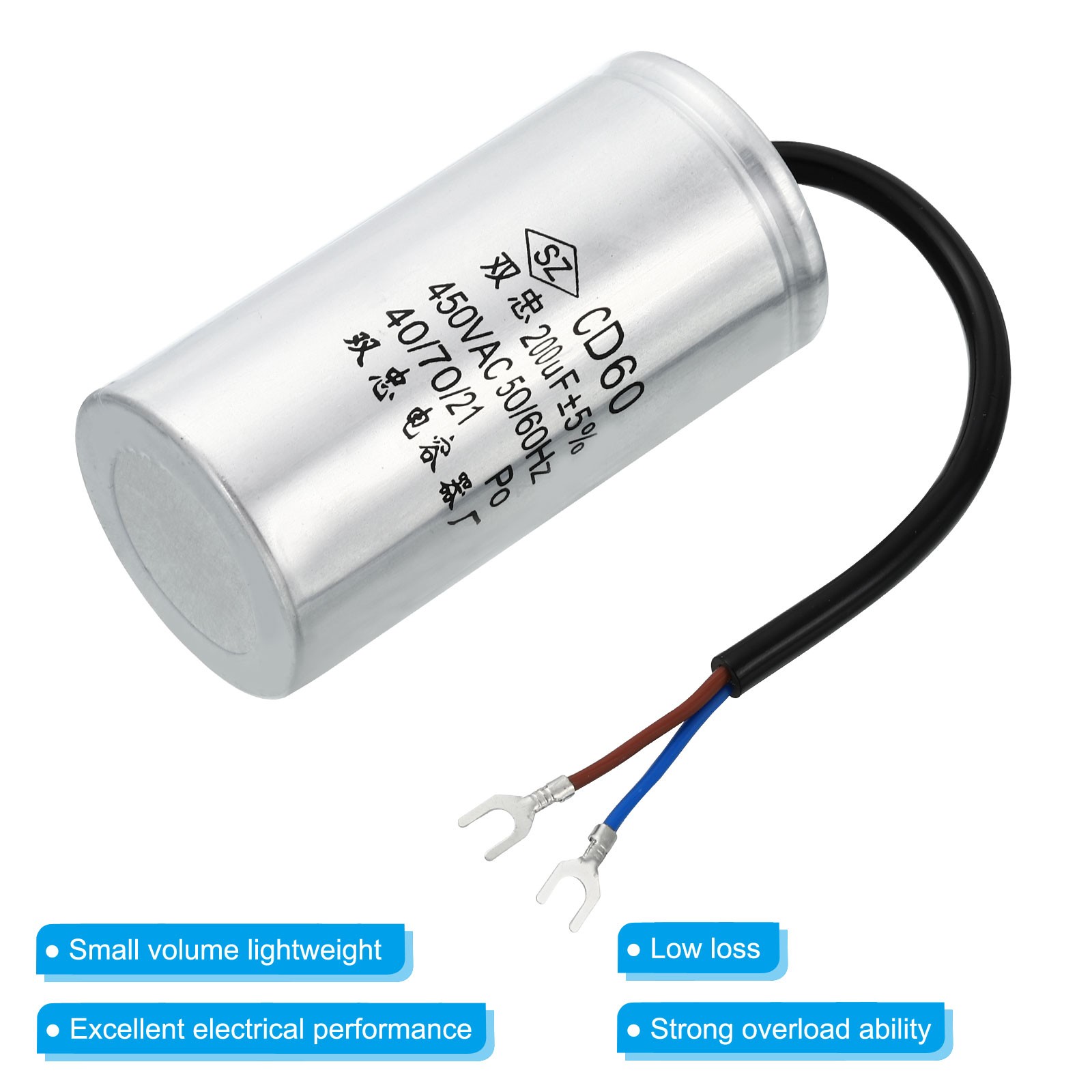 2Pcs 200uF 450VAC 2 Wires 5% Tolerance 50/60Hz CD60 Run Capacitor