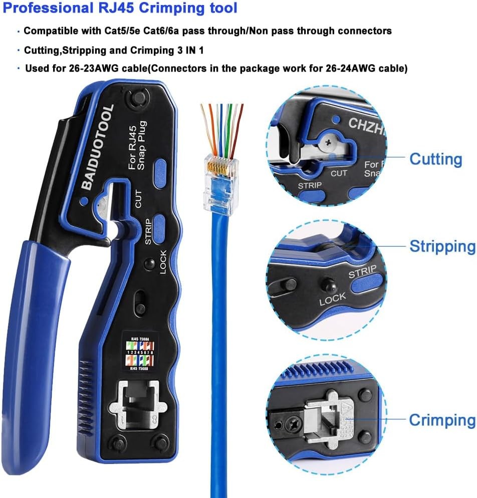 Pass-Through Crimper Cutter RJ45 Tool Kit for Cat5 Cat5e Cat6 Cat6a 8P8C Modular