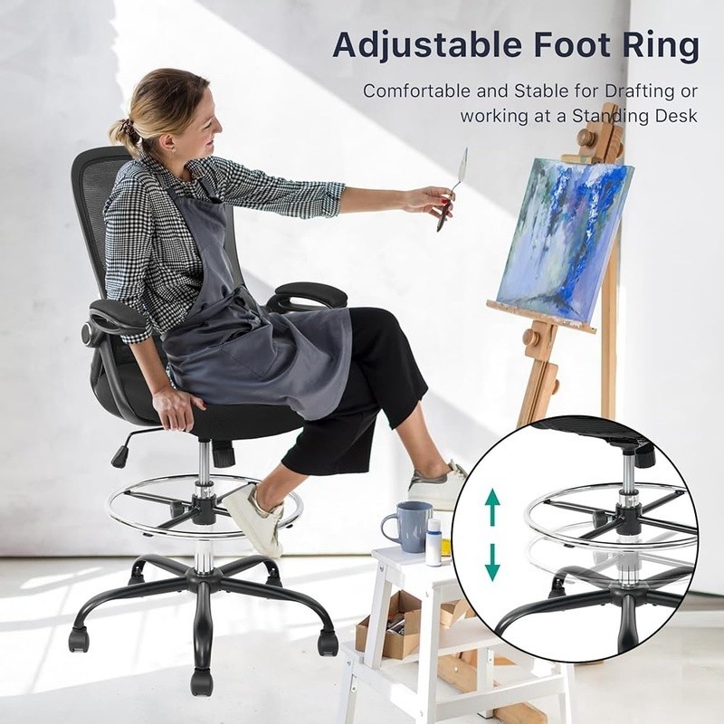 Drafting Chair High Back Ergonomic Stool Adjustable Footrest Flip Up Arms Mesh