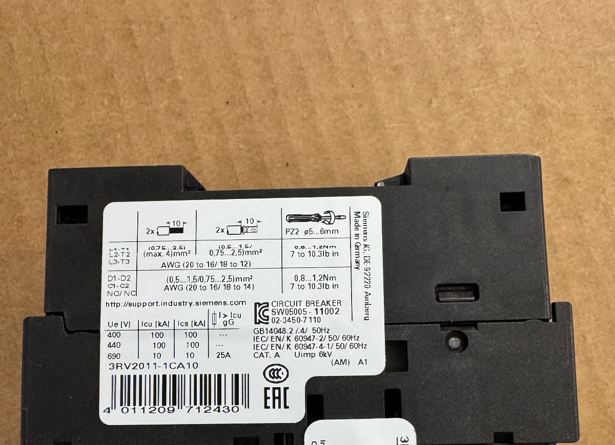 Siemens 3RV2011-1CA10 Circuit Breaker Overload 1.8A to 2.5A Din Rail Mount New