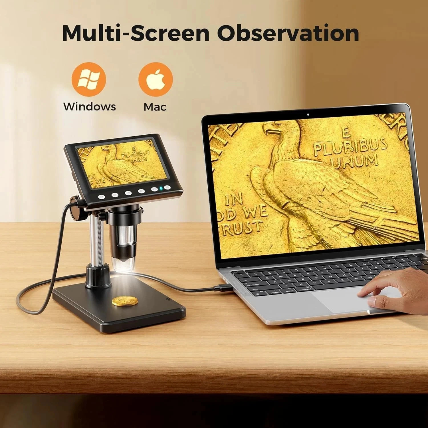 4.3 Inch LCD Digital Coin Microscope, 1000X USB Magnifier with 8 Adjustable LED