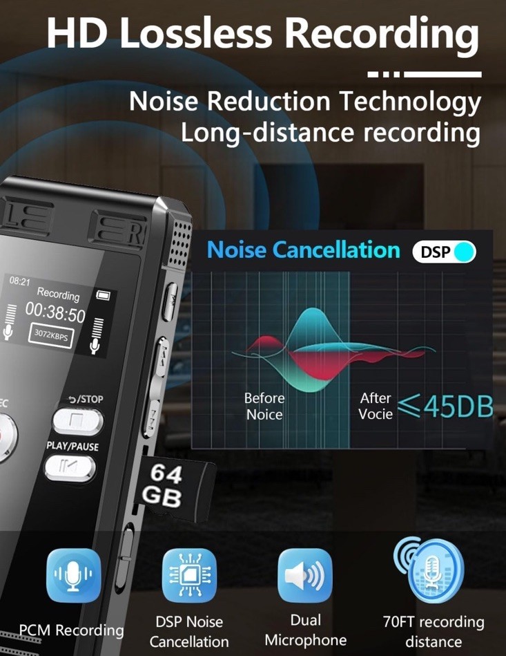 64GB Digital Recorder with Voice Activation – 4552 Hours for Lectures & Meetings