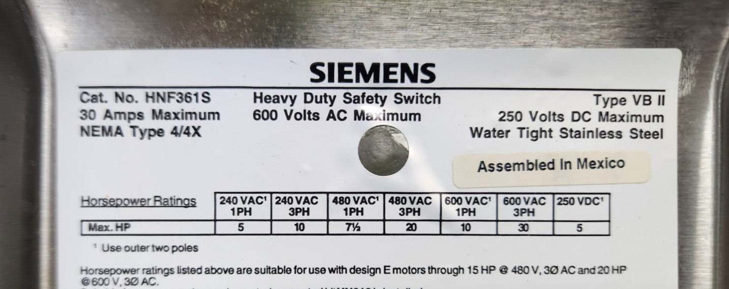 😎 SIEMENS 30 AMP STAINLESS NON-FUSED SAFETY SWITCH 600 VAC 30 HP HNF361S