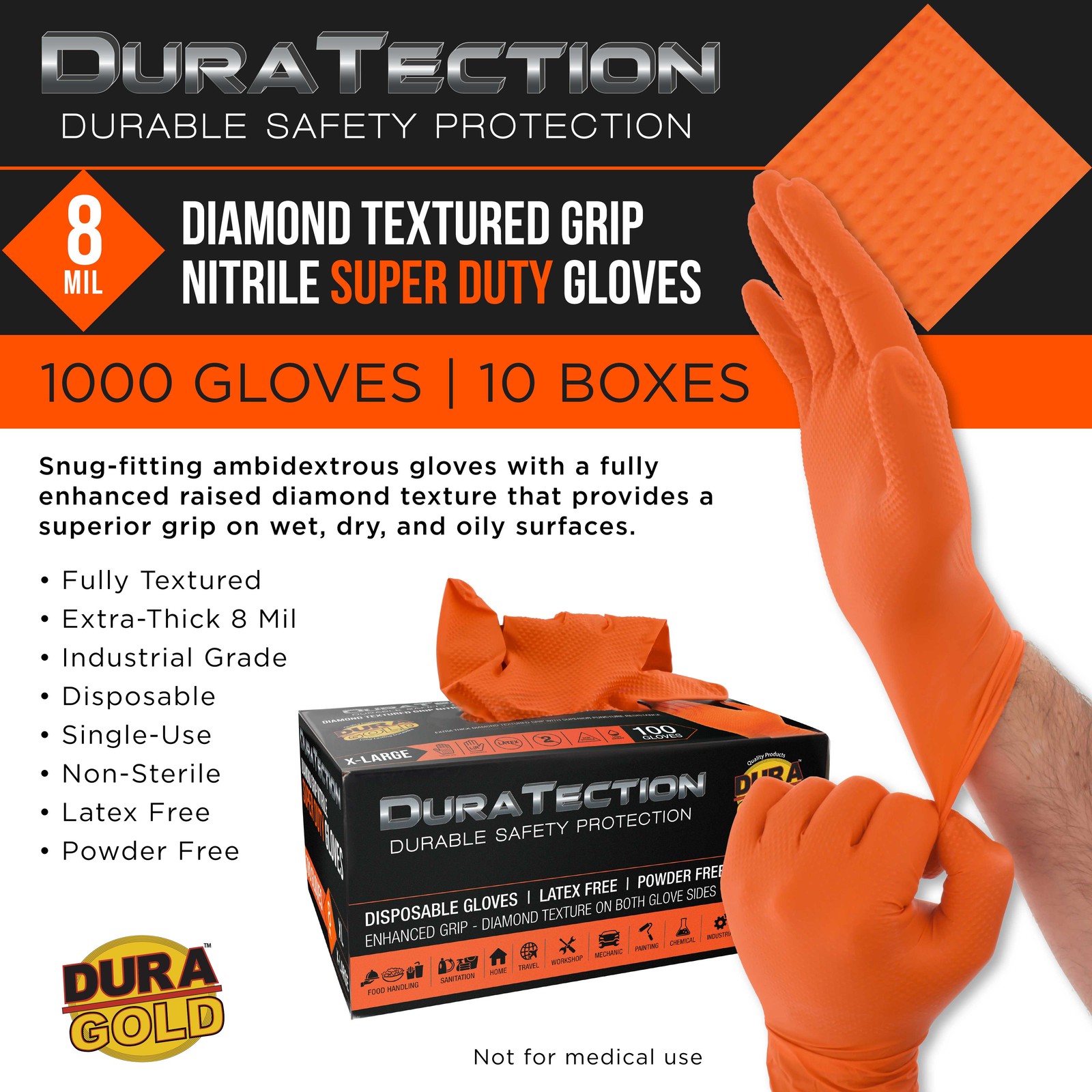 Duratection 8Mil Super Duty Diamond Textured Nitrile X-Large Gloves, 1000 Gloves