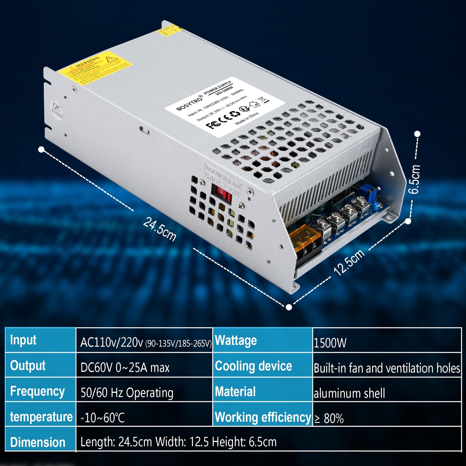 Bosytro 24V 62.5A 1500W Dc Switching Power Supply Adapter Psu Ac 110V / 220V-Dc