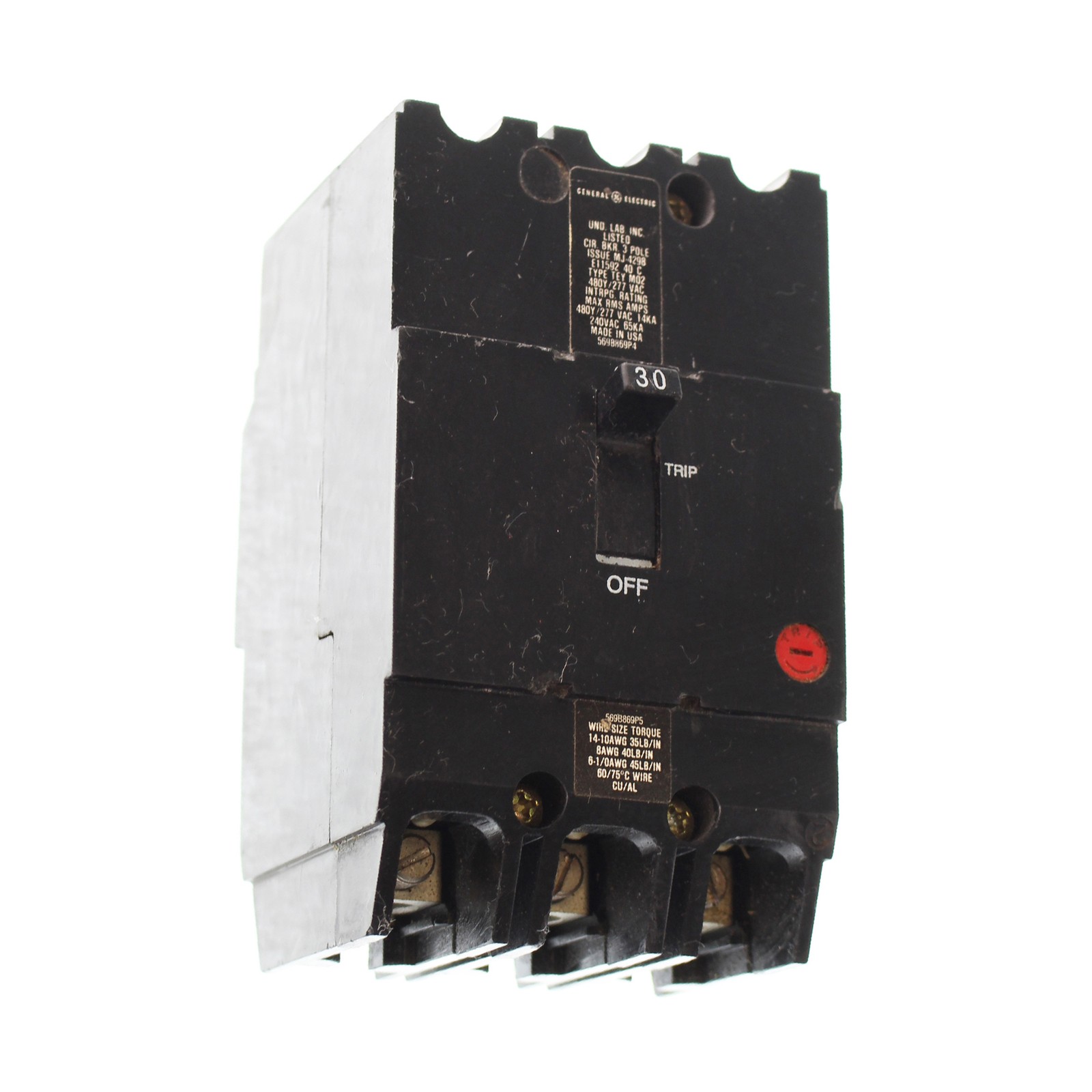 GE TEY330 CIRCUIT BREAKER, 480/277-VOLT, 3-POLE, 30-AMP, BRK / TEY FRAME