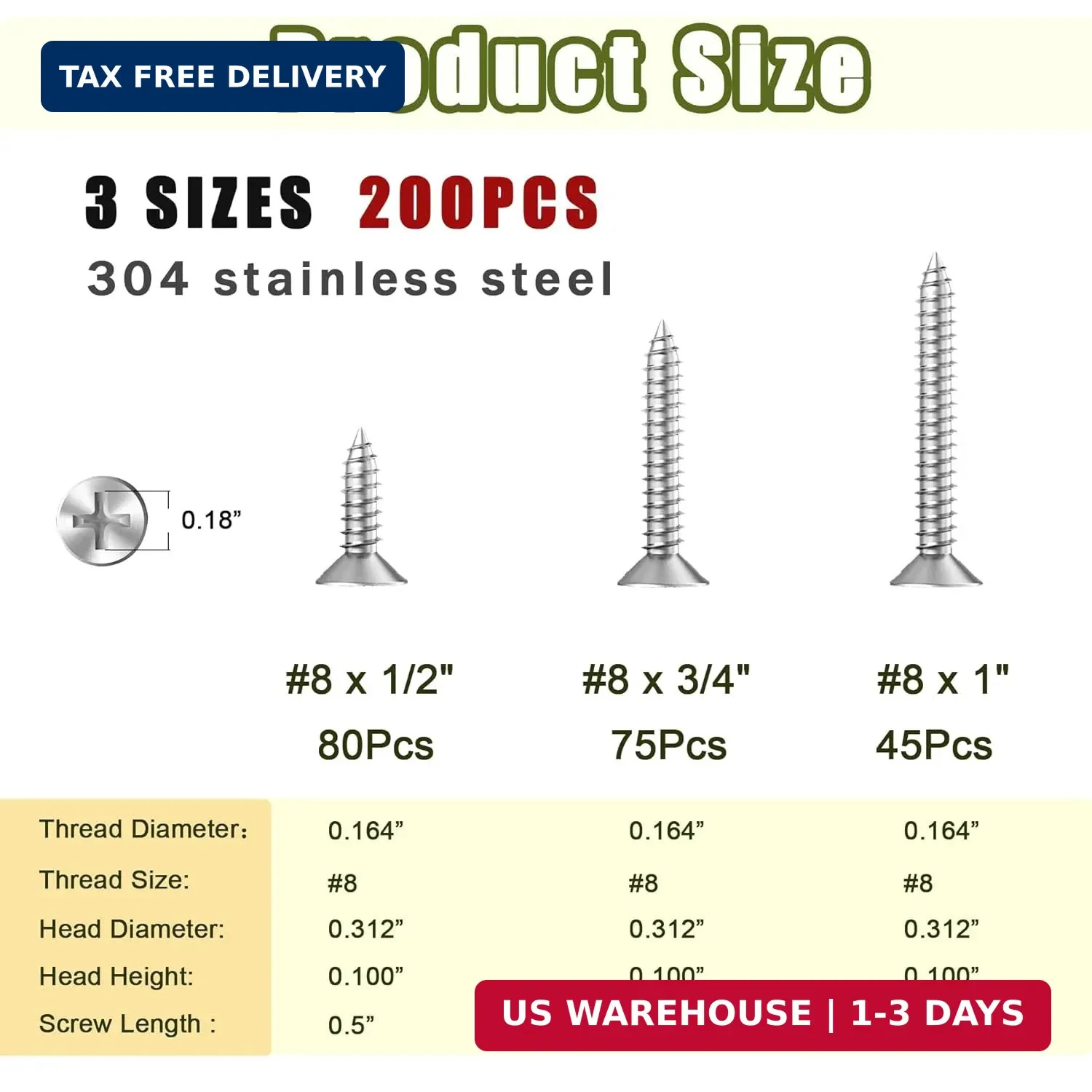 200PCS 304 Stainless Steel High Hardness Wood Screws Assortment Kit, 3 Sizes #8×