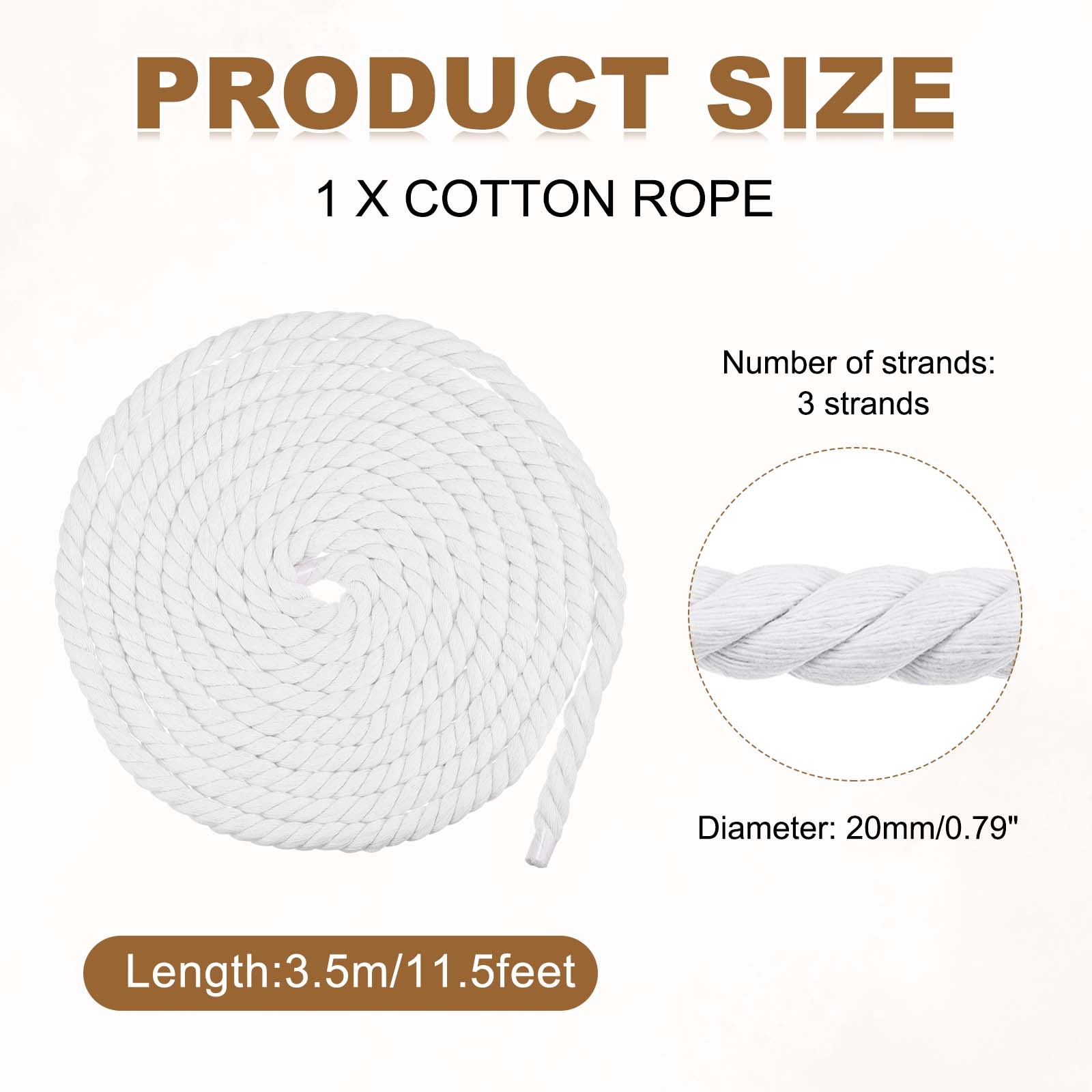 20mm x 11.5 Feet White Cotton Rope 3 Strand for DIY Wall Hanging Knotting