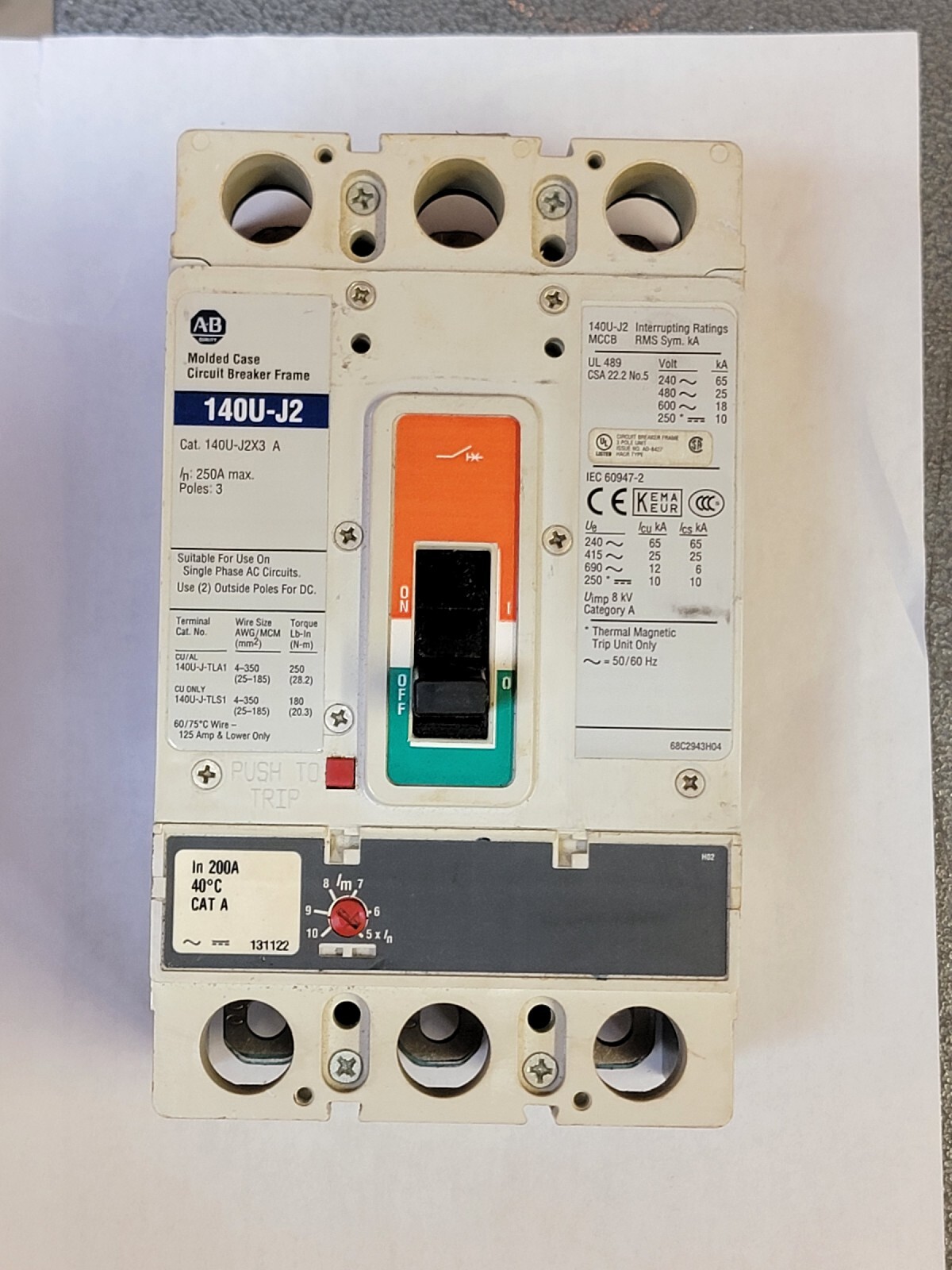 Allen Bradley 140U-J2D3-D20 200A, 3P, Molded Case, J Frame, Assembled with Trip