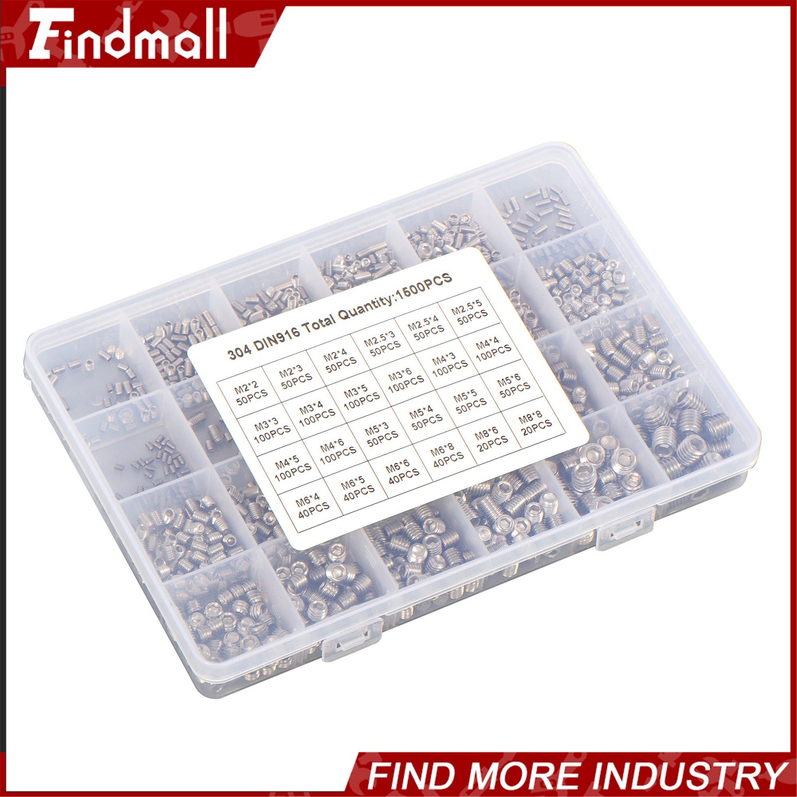 1500PCS Fully Threaded Hex Socket Set Screw Assortment Kit 304 Stainless Steel